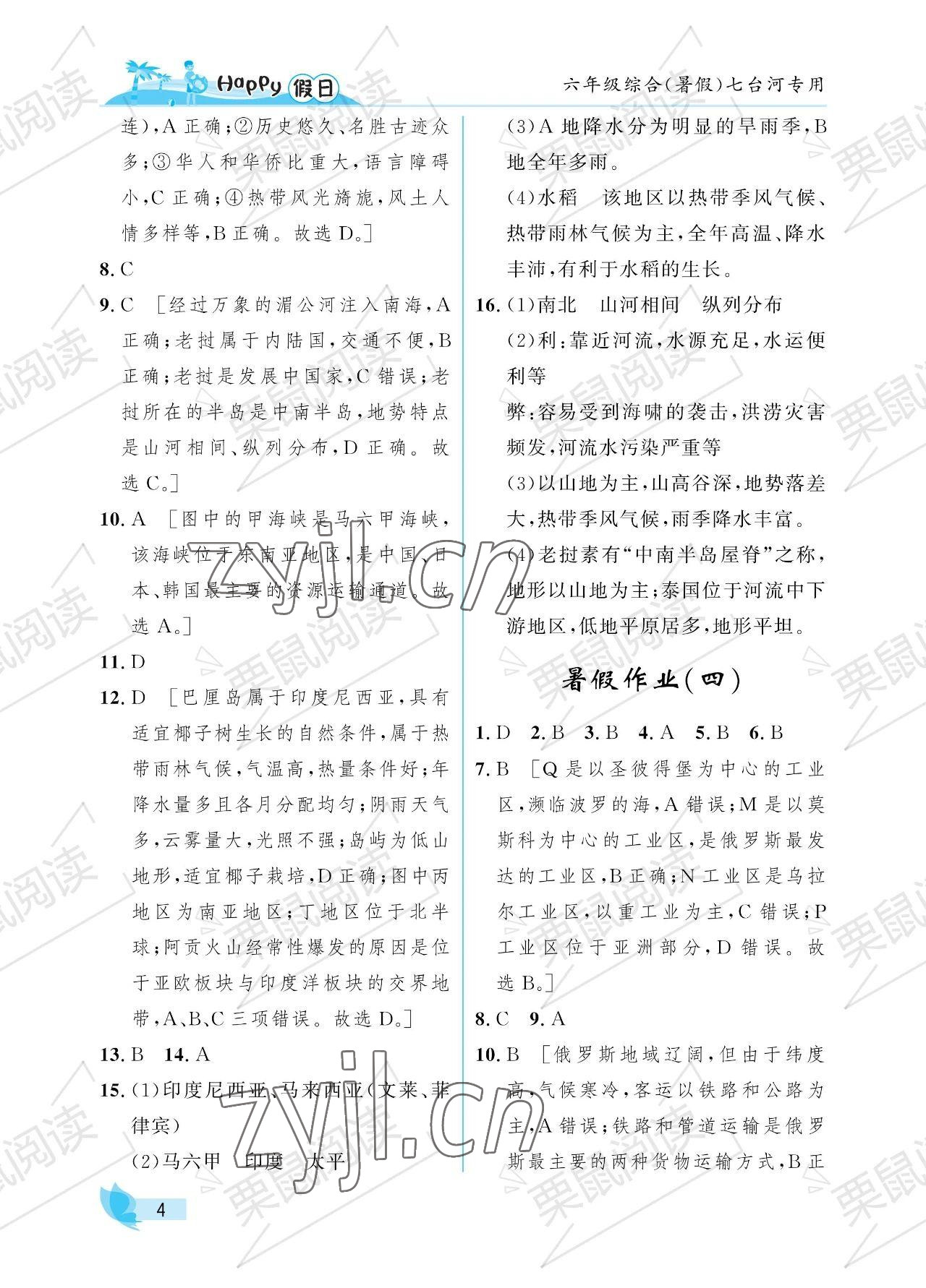 2023年暑假Happy假日六年级综合七台河专用 参考答案第4页