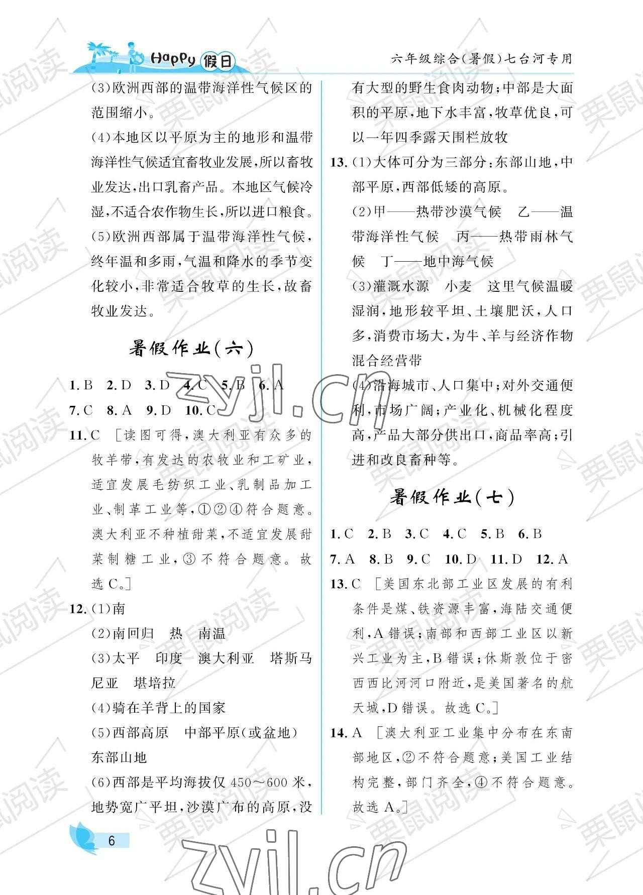 2023年暑假Happy假日六年级综合七台河专用 参考答案第6页