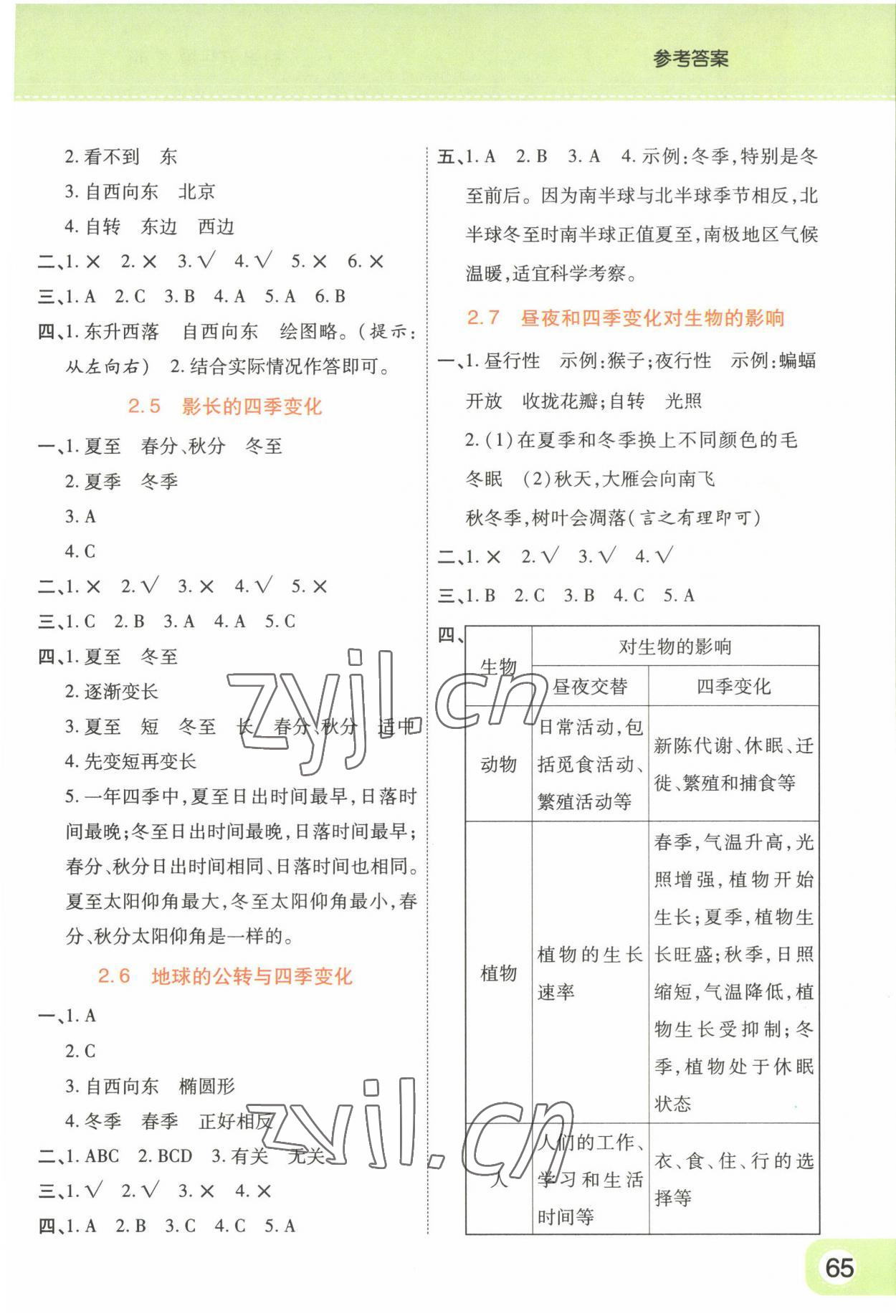 2023年黃岡同步訓(xùn)練六年級科學(xué)上冊教科版 參考答案第3頁