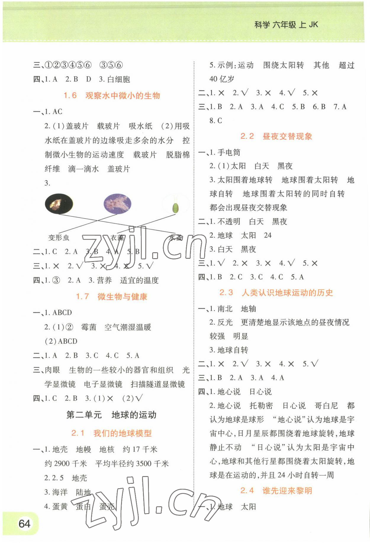 2023年黃岡同步訓(xùn)練六年級(jí)科學(xué)上冊(cè)教科版 參考答案第2頁