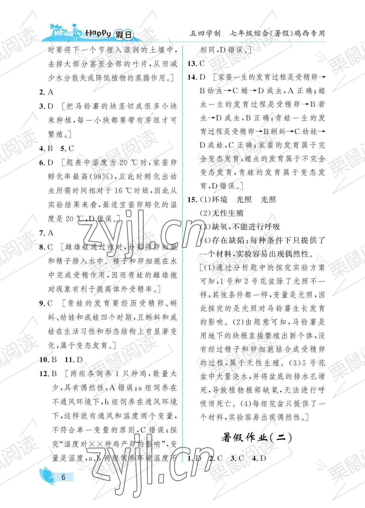 2023年暑假Happy假日七年级综合54制鸡西专用 参考答案第6页