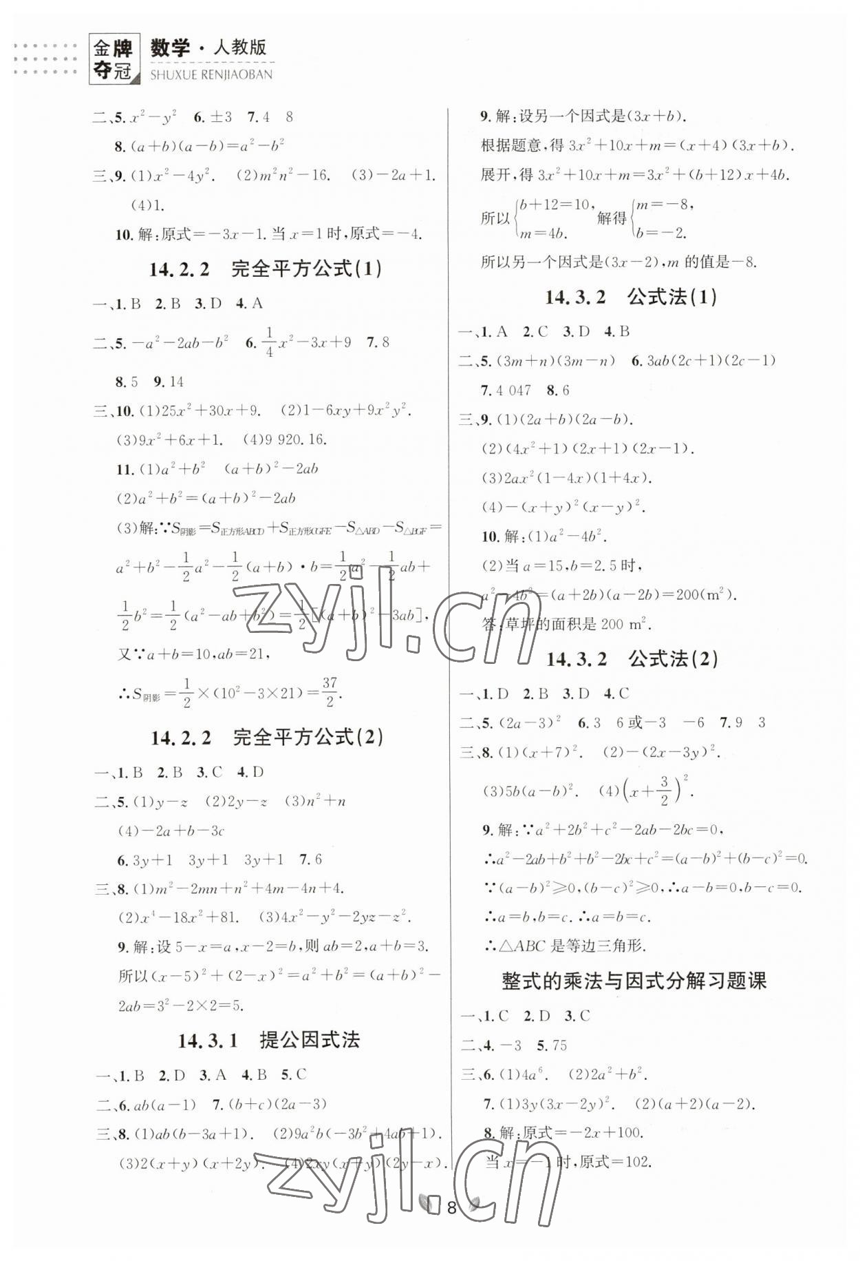 2023年點石成金金牌奪冠八年級數學上冊人教版遼寧專版 參考答案第8頁