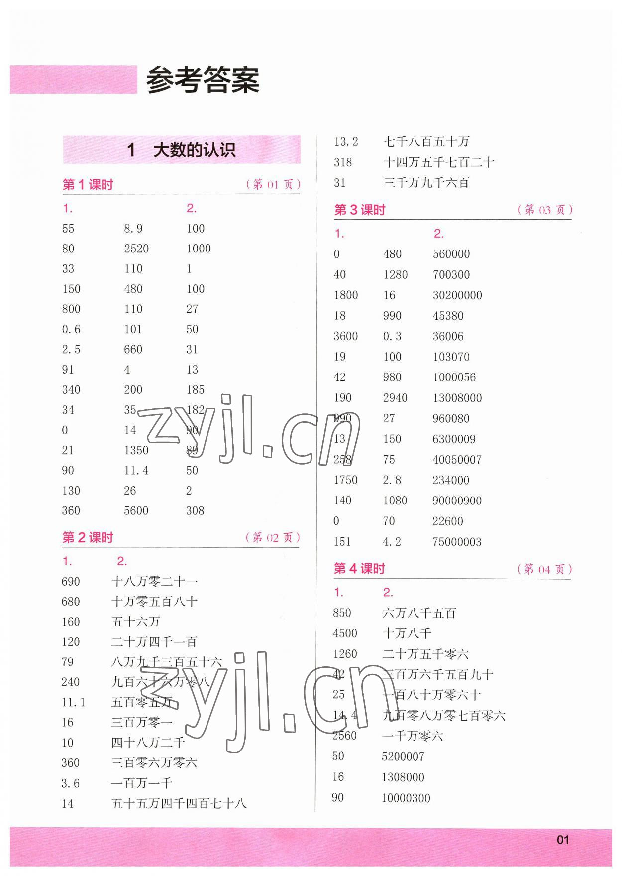 2023年口算小状元口算速算天天练四年级数学上册人教版 参考答案第1页