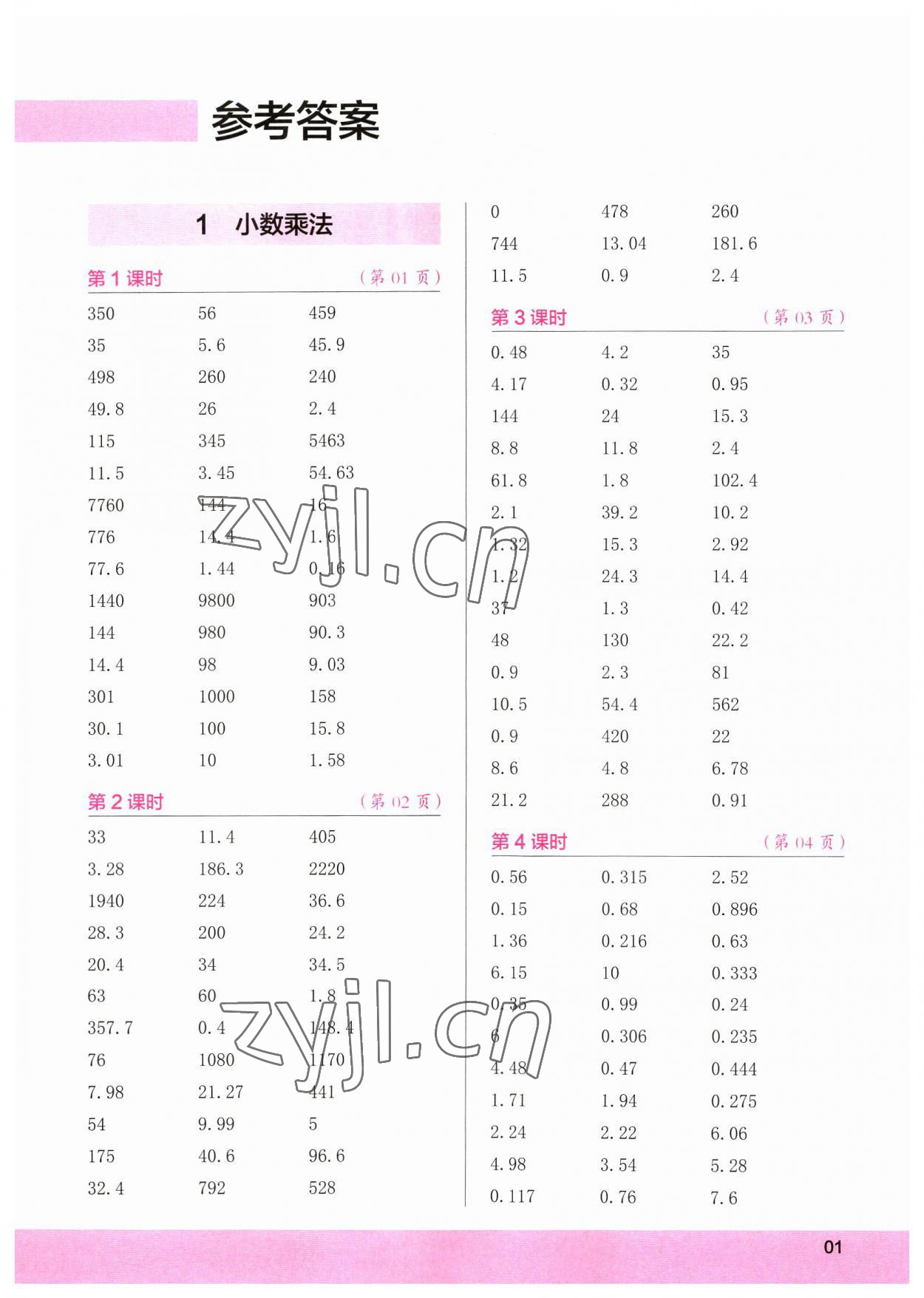 2023年口算小状元口算速算天天练五年级数学上册 参考答案第1页