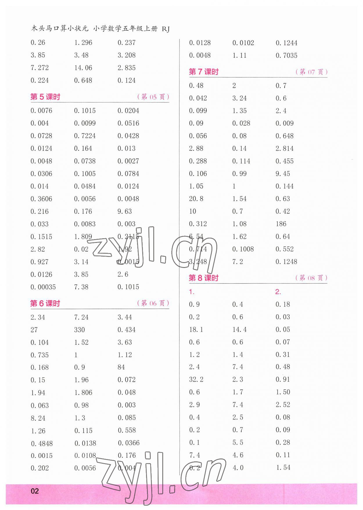 2023年口算小狀元口算速算天天練五年級數(shù)學(xué)上冊 參考答案第2頁