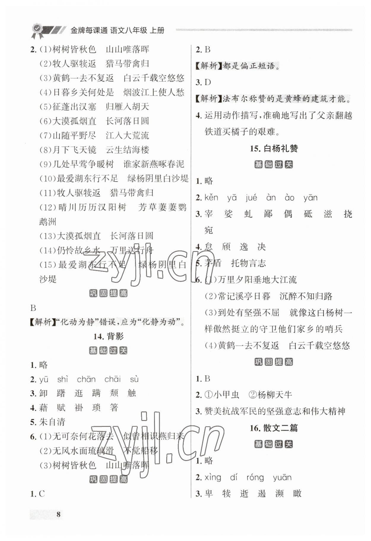 2023年点石成金金牌每课通八年级语文上册人教版辽宁专版 参考答案第8页