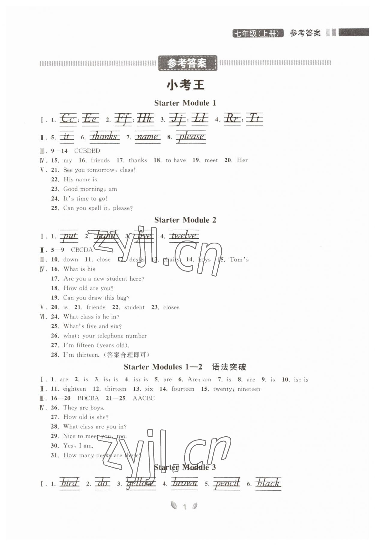 2023年点石成金金牌夺冠七年级英语上册外研版辽宁专版 参考答案第1页