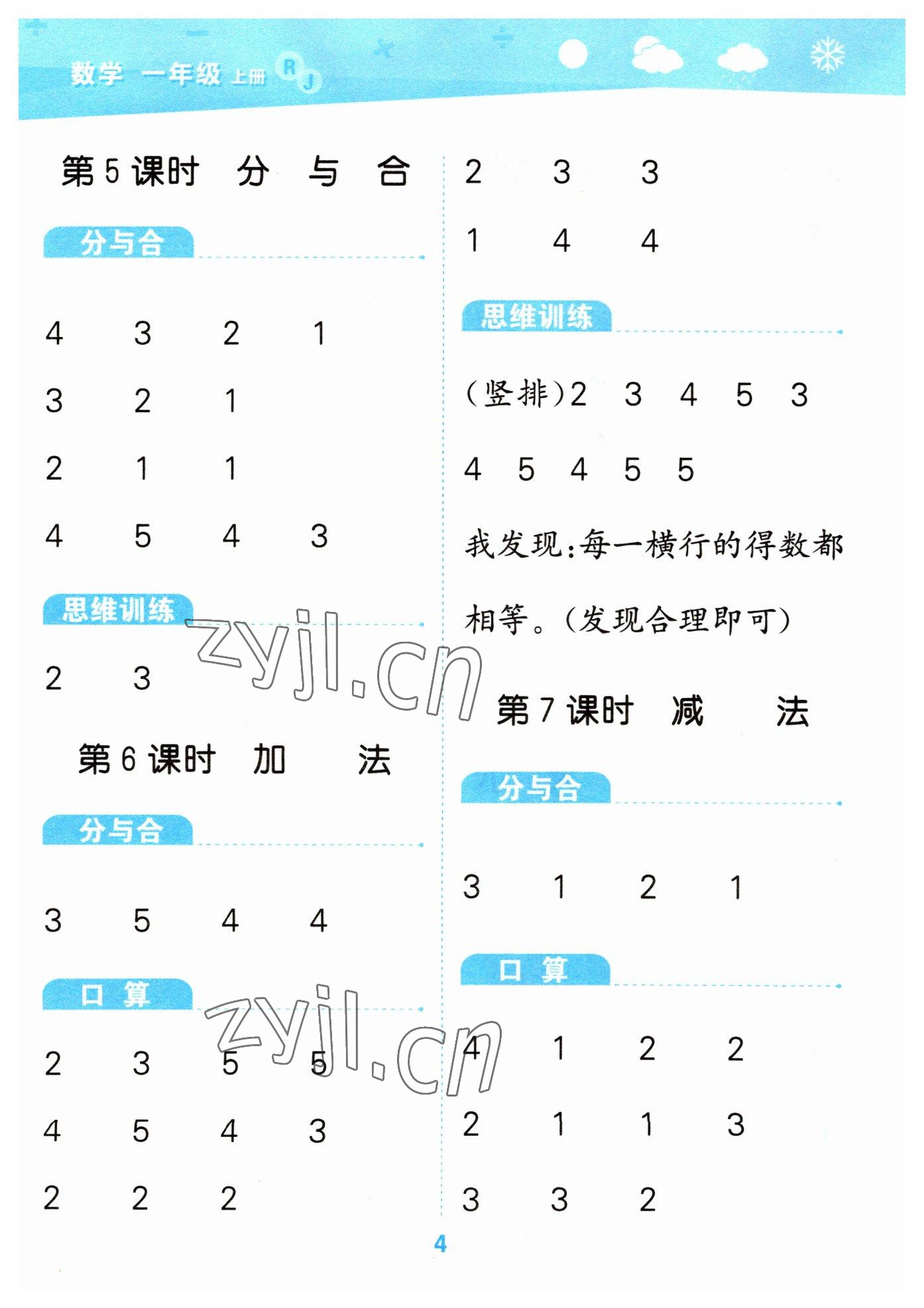 2023年口算大通關(guān)一年級(jí)數(shù)學(xué)上冊(cè)人教版 參考答案第4頁