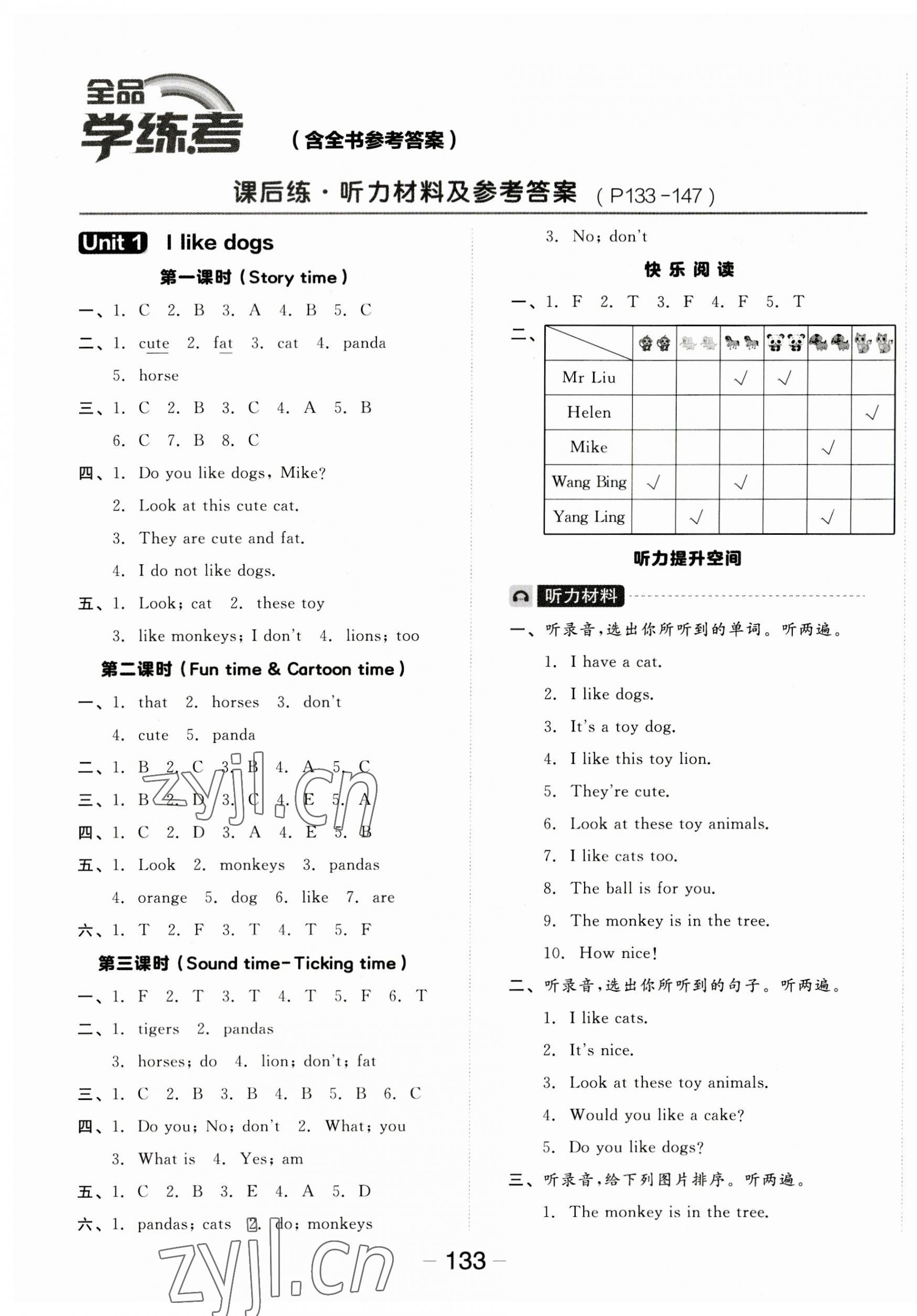 2023年全品學(xué)練考四年級英語上冊譯林版 參考答案第1頁