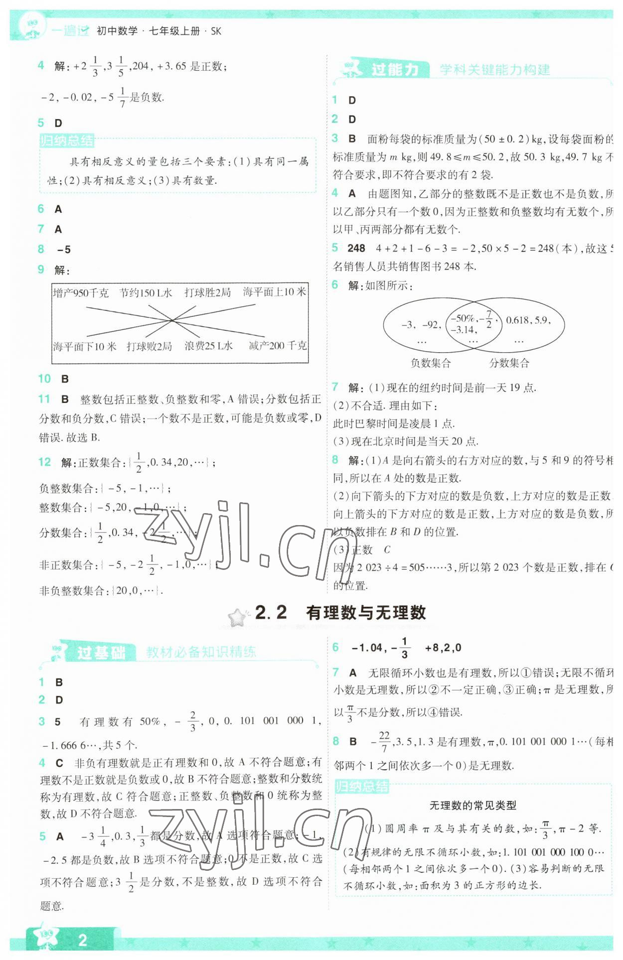 2023年一遍過七年級初中數(shù)學(xué)上冊蘇科版 參考答案第2頁