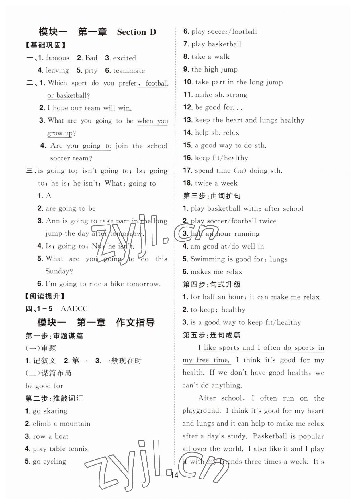 2023年陽光同學(xué)分層設(shè)計八年級英語上冊人教版福建專版 參考答案第14頁