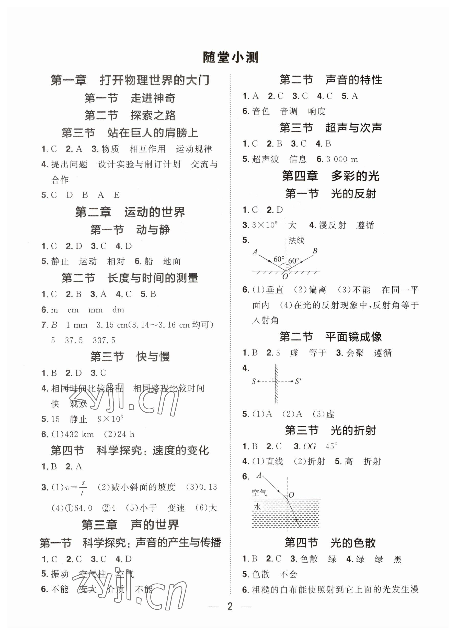 2023年陽光同學(xué)分層設(shè)計(jì)八年級(jí)物理上冊(cè)滬科版福建專版 參考答案第1頁