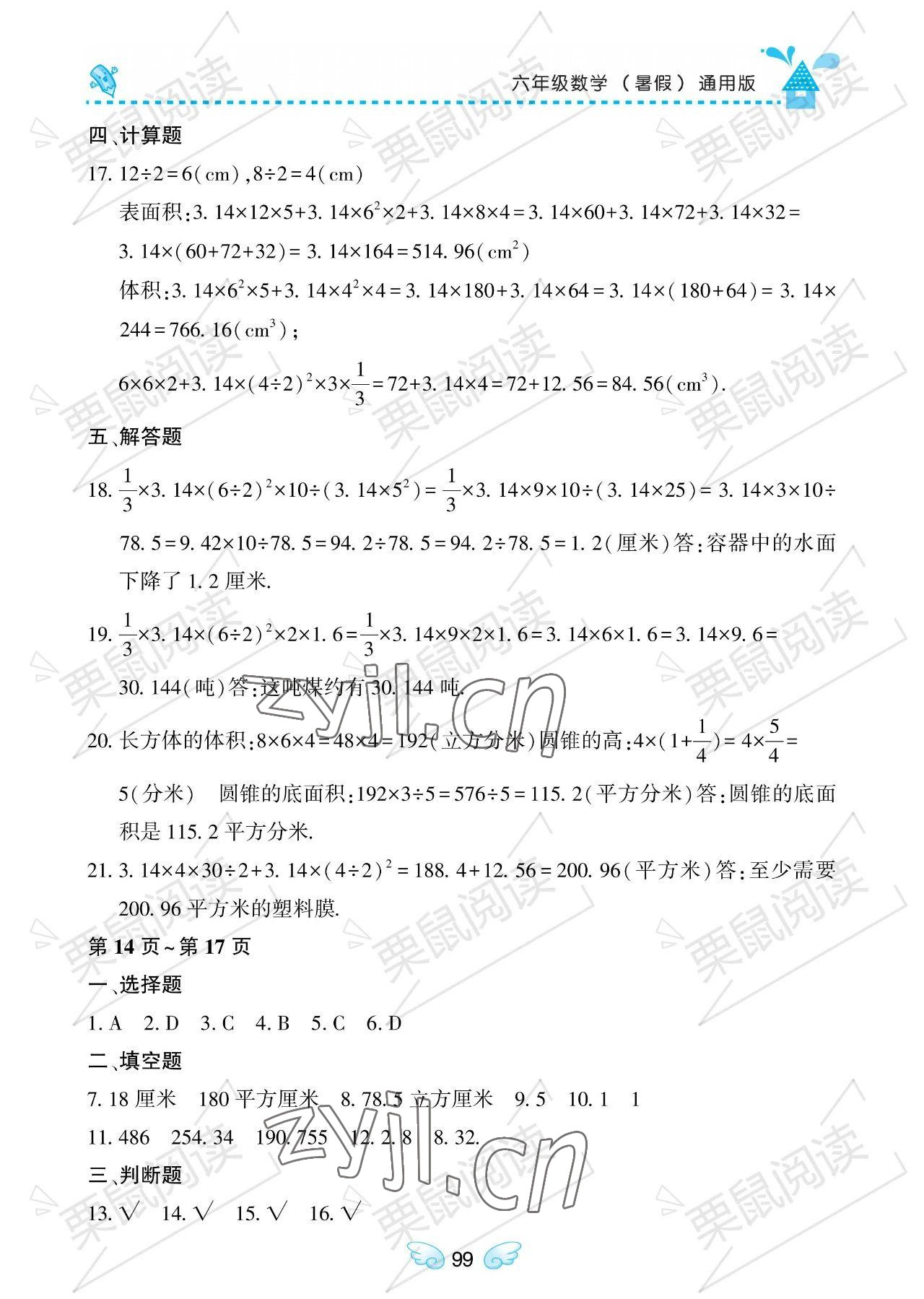 2023年暑假Happy假日六年级数学通用版 参考答案第2页