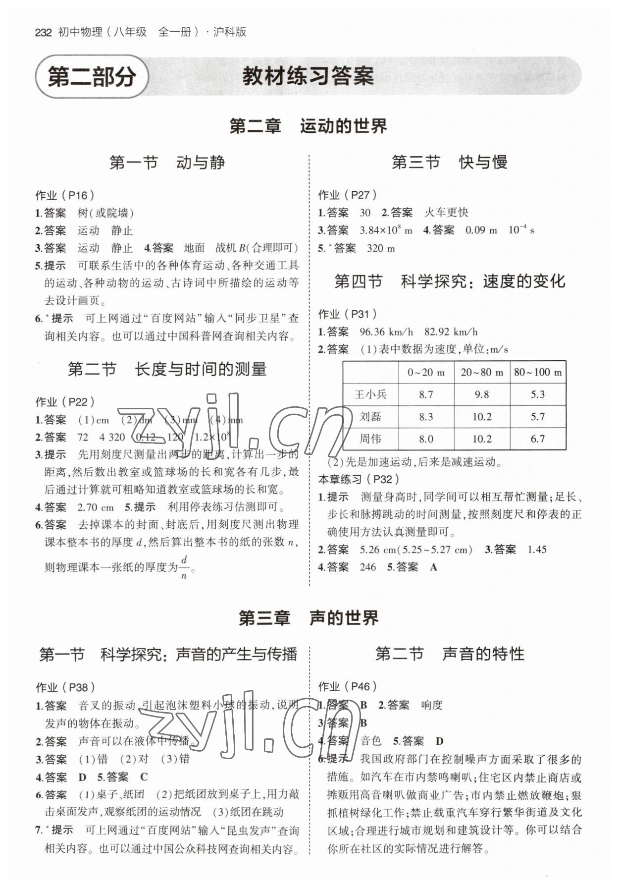 2023年教材課本八年級(jí)物理全一冊(cè)滬科版 參考答案第1頁(yè)