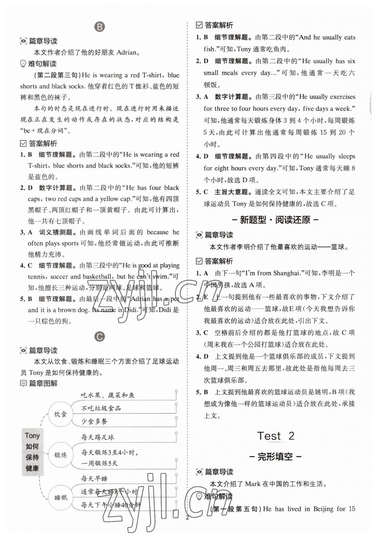 2023年星火英语Spark巅峰训练完形填空与阅读理解七年级 参考答案第2页