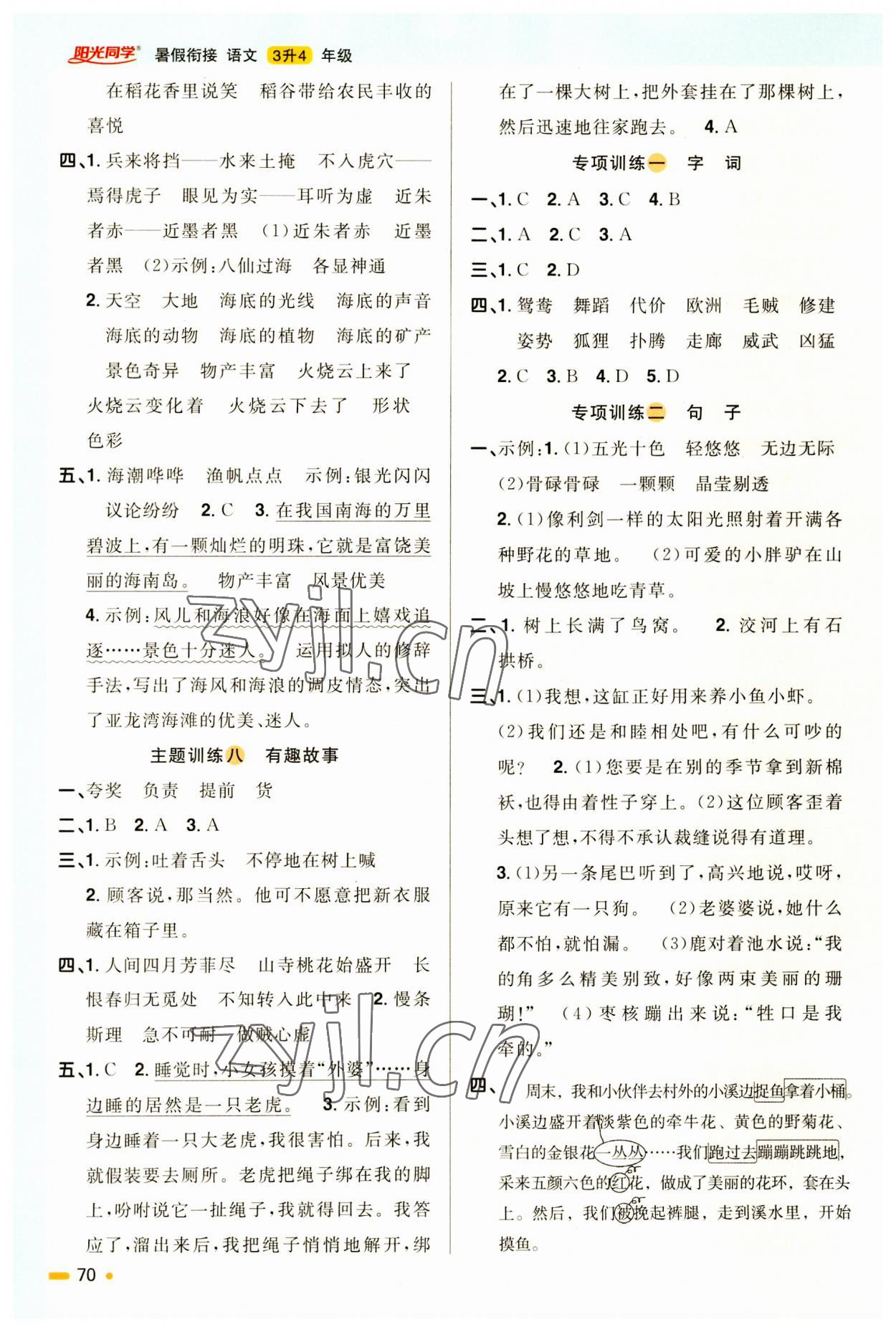 2023年陽光同學暑假銜接三升四年級語文 參考答案第3頁