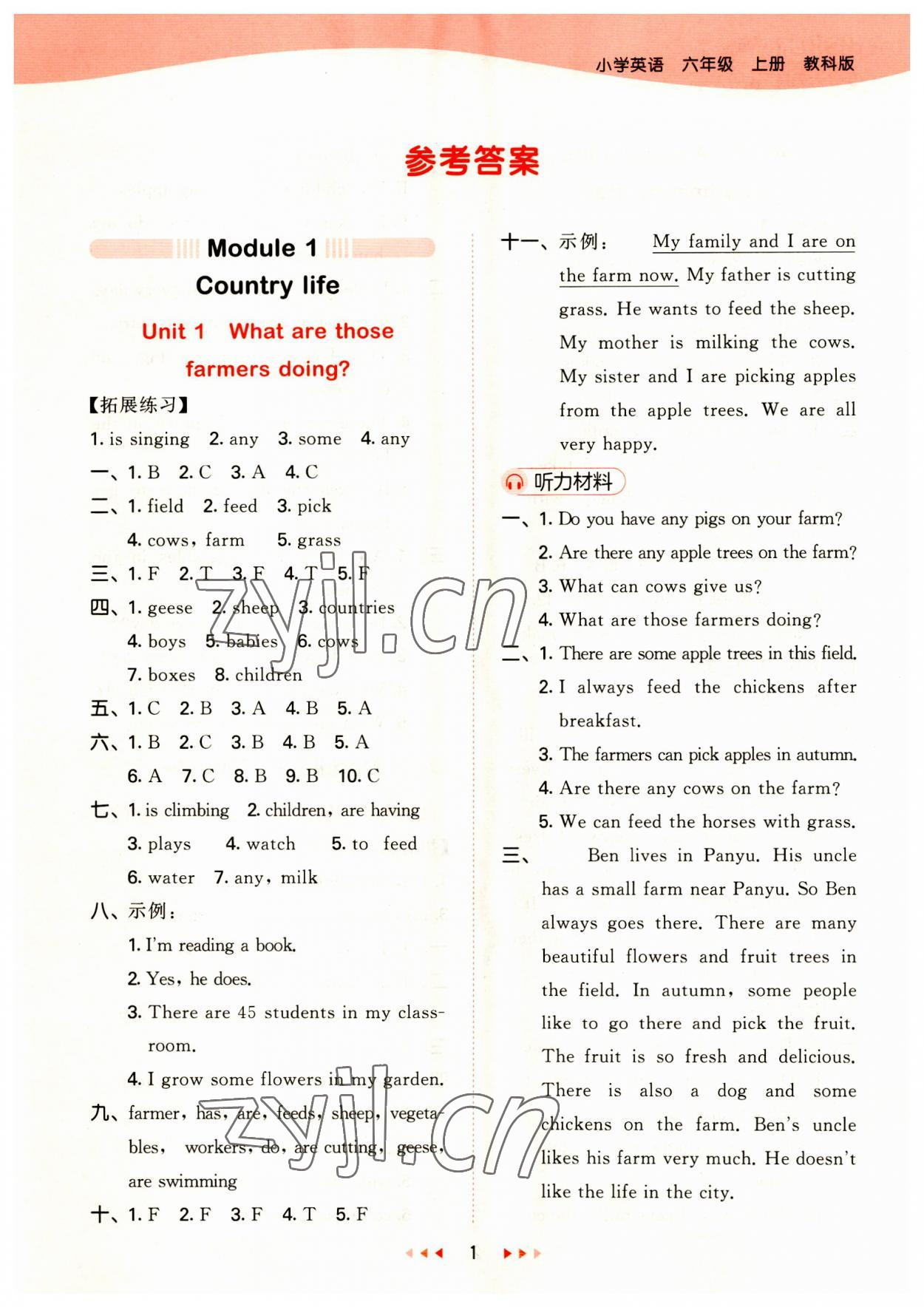 2023年53天天練六年級(jí)英語(yǔ)上冊(cè)教科版廣州專版 參考答案第1頁(yè)