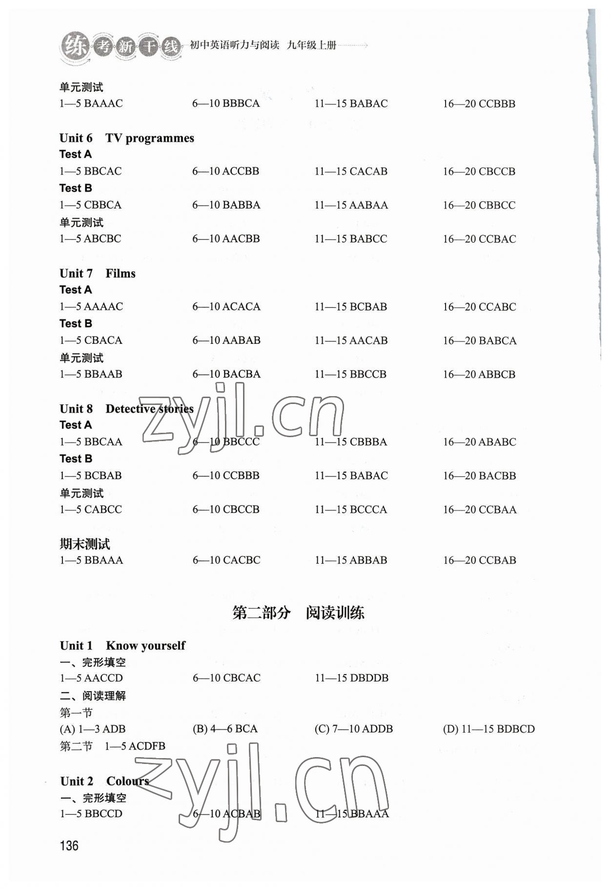 2023年练考新干线听力与阅读九年级英语上册译林版 参考答案第2页