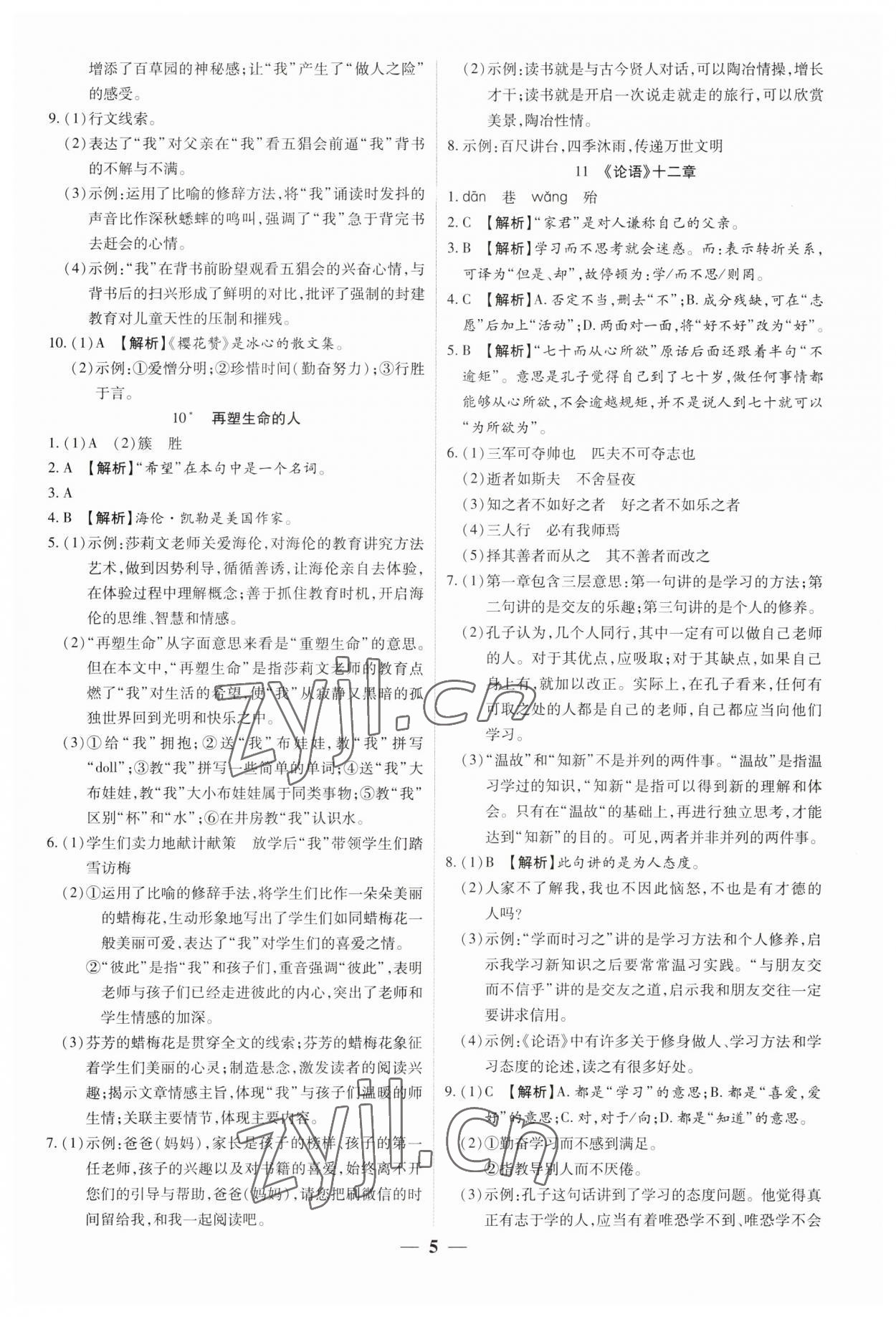 2023年追夢之旅大先生七年級語文上冊人教版河南專版 參考答案第5頁