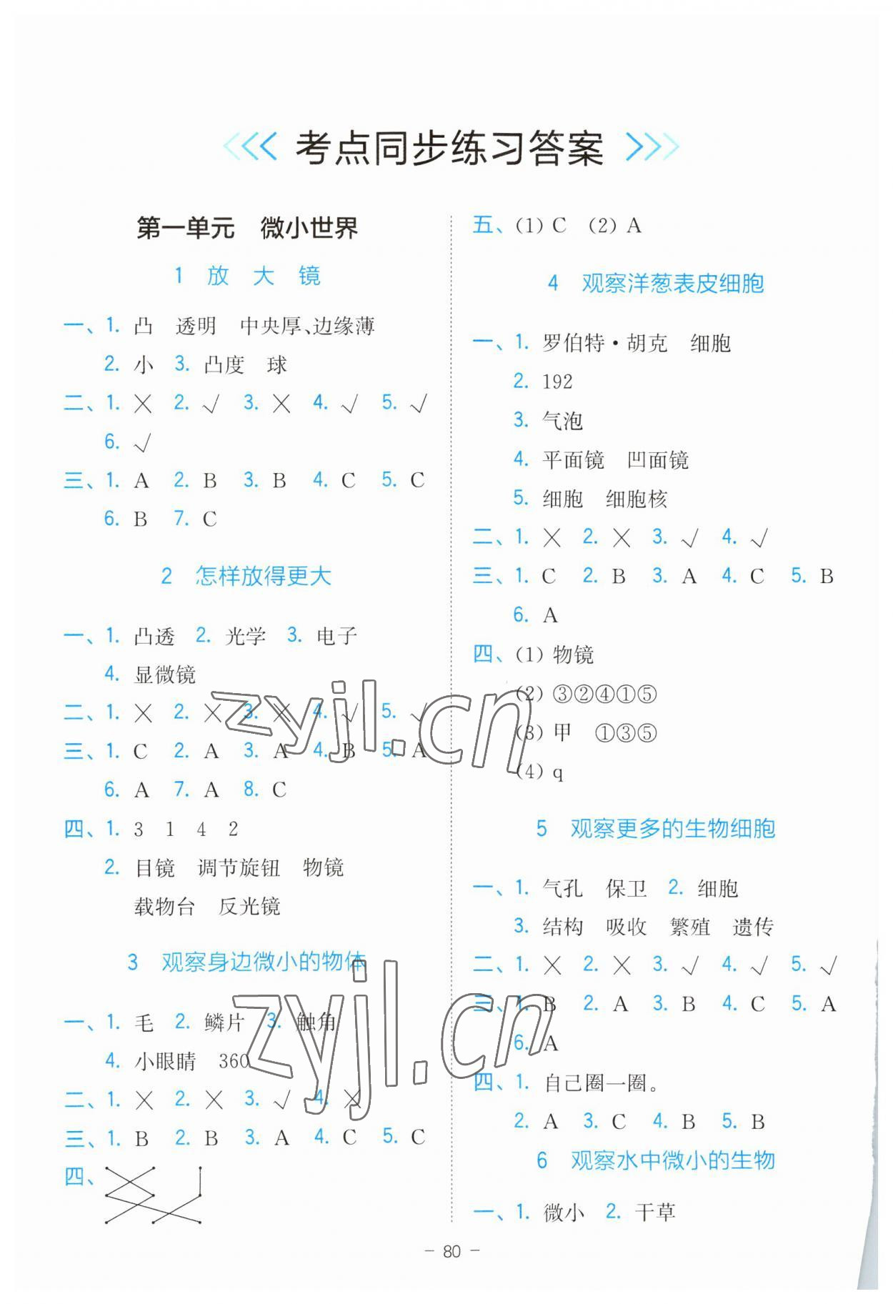 2023年全易通六年级科学上册教科版浙江专版 参考答案第1页