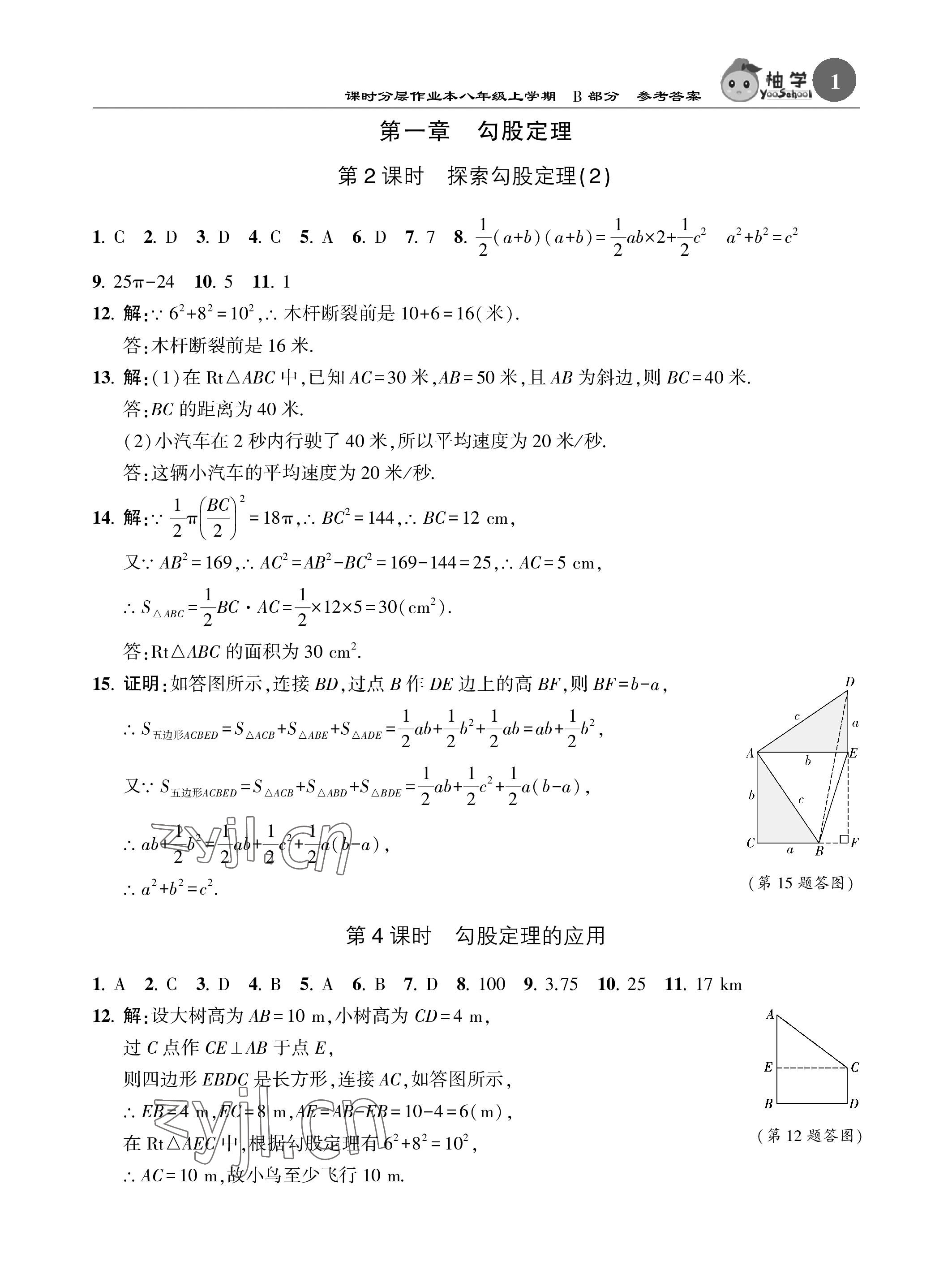 2023年课时分层作业本八年级数学上册北师大版 参考答案第1页