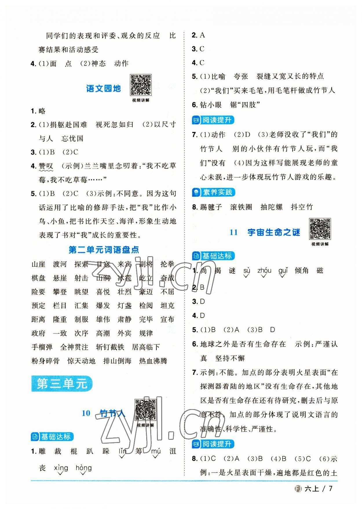 2023年阳光同学课时优化作业六年级语文上册人教版福建专版 参考答案第7页