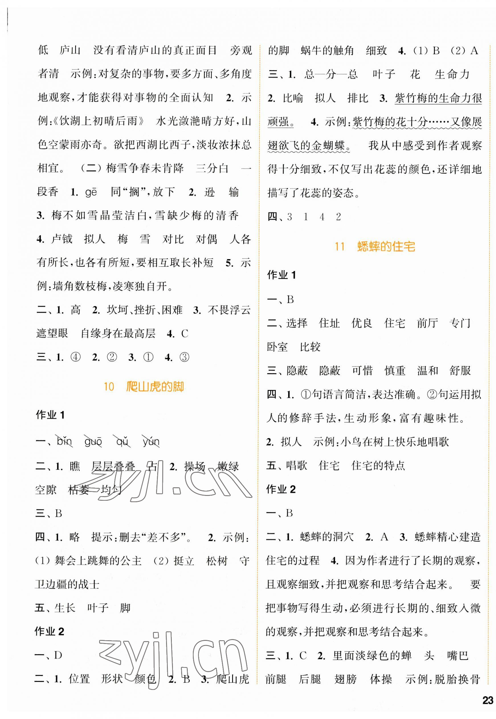 2023年通城學(xué)典課時(shí)作業(yè)本四年級語文上冊人教版浙江專版 參考答案第5頁