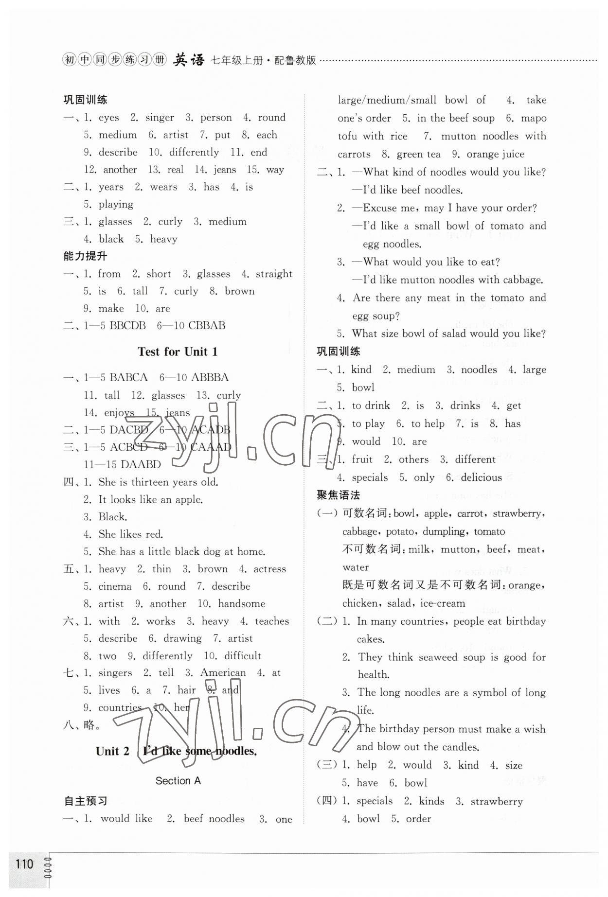 2023年同步練習(xí)冊(cè)山東教育出版社七年級(jí)英語(yǔ)上冊(cè)魯教版54制 參考答案第2頁(yè)