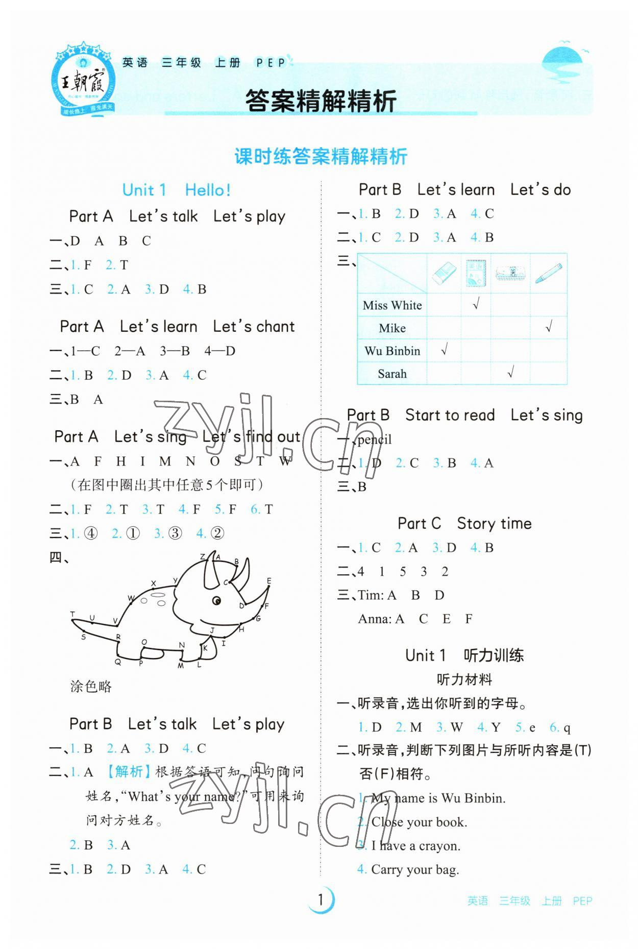 2023年王朝霞德才兼?zhèn)渥鳂I(yè)創(chuàng)新設計三年級英語上冊人教版 第1頁