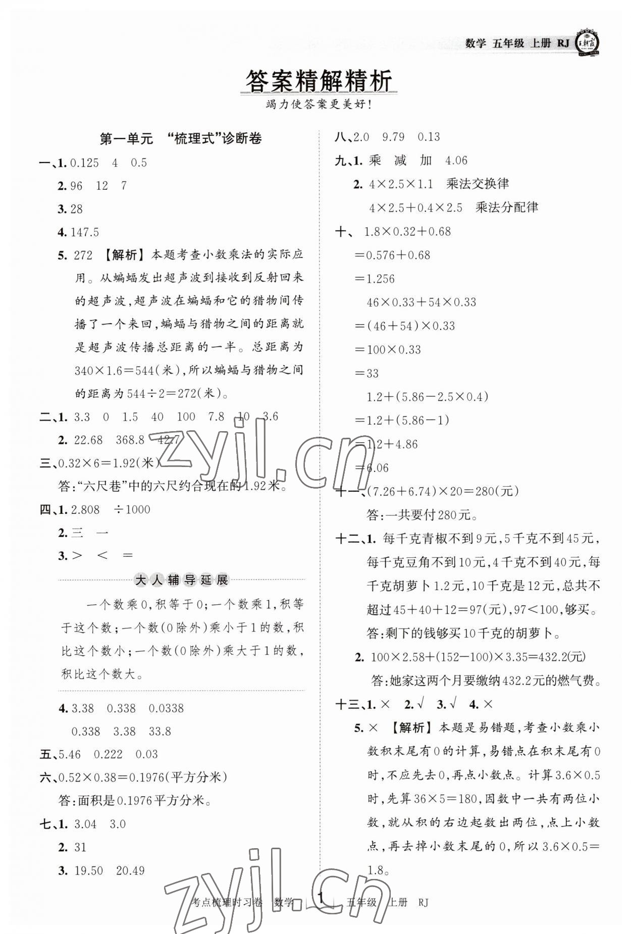 2023年王朝霞考点梳理时习卷五年级数学上册人教版 第1页