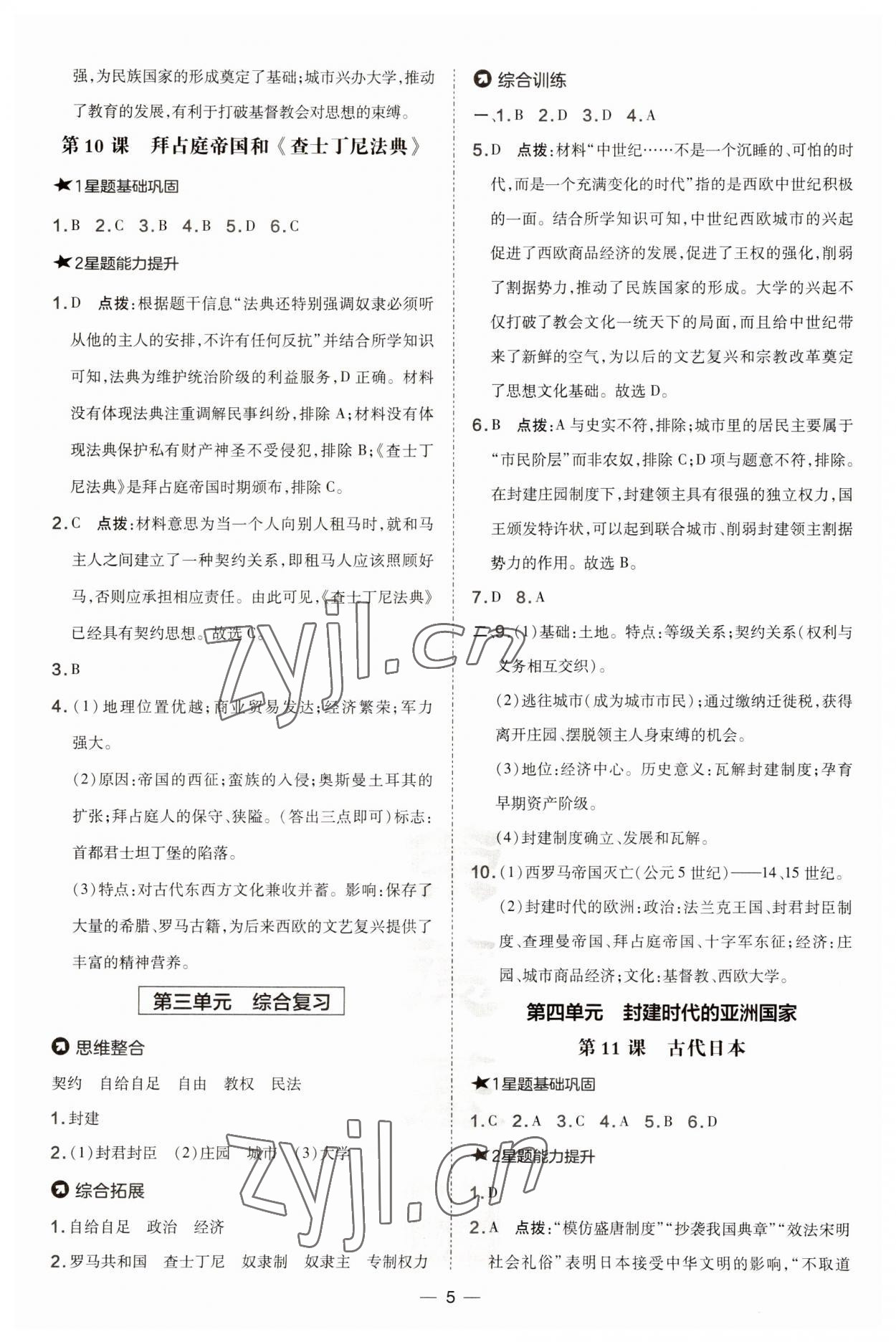 2023年点拨训练九年级历史上册人教版 参考答案第5页