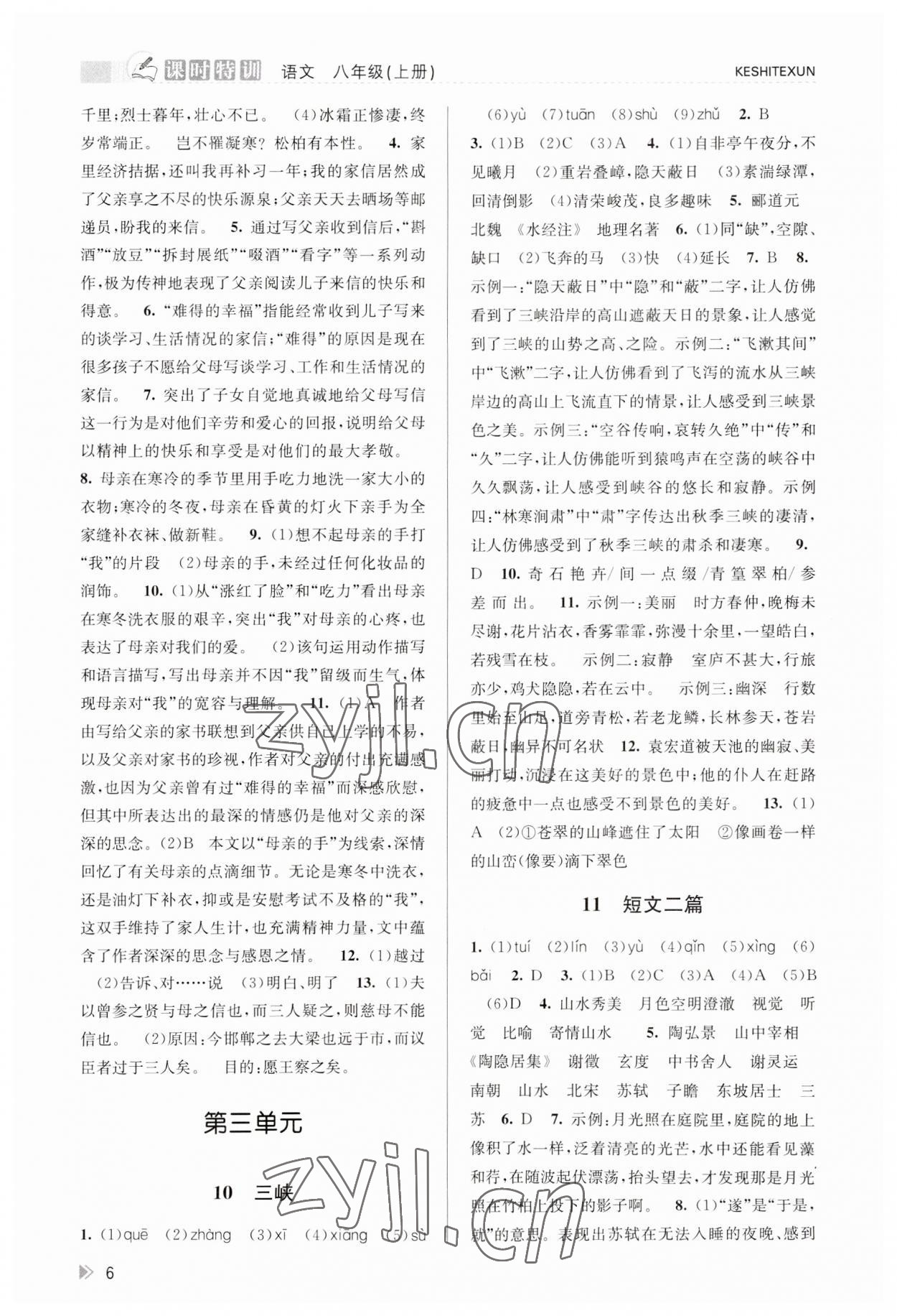 2023年浙江新課程三維目標(biāo)測評課時(shí)特訓(xùn)八年級語文上冊人教版 參考答案第6頁