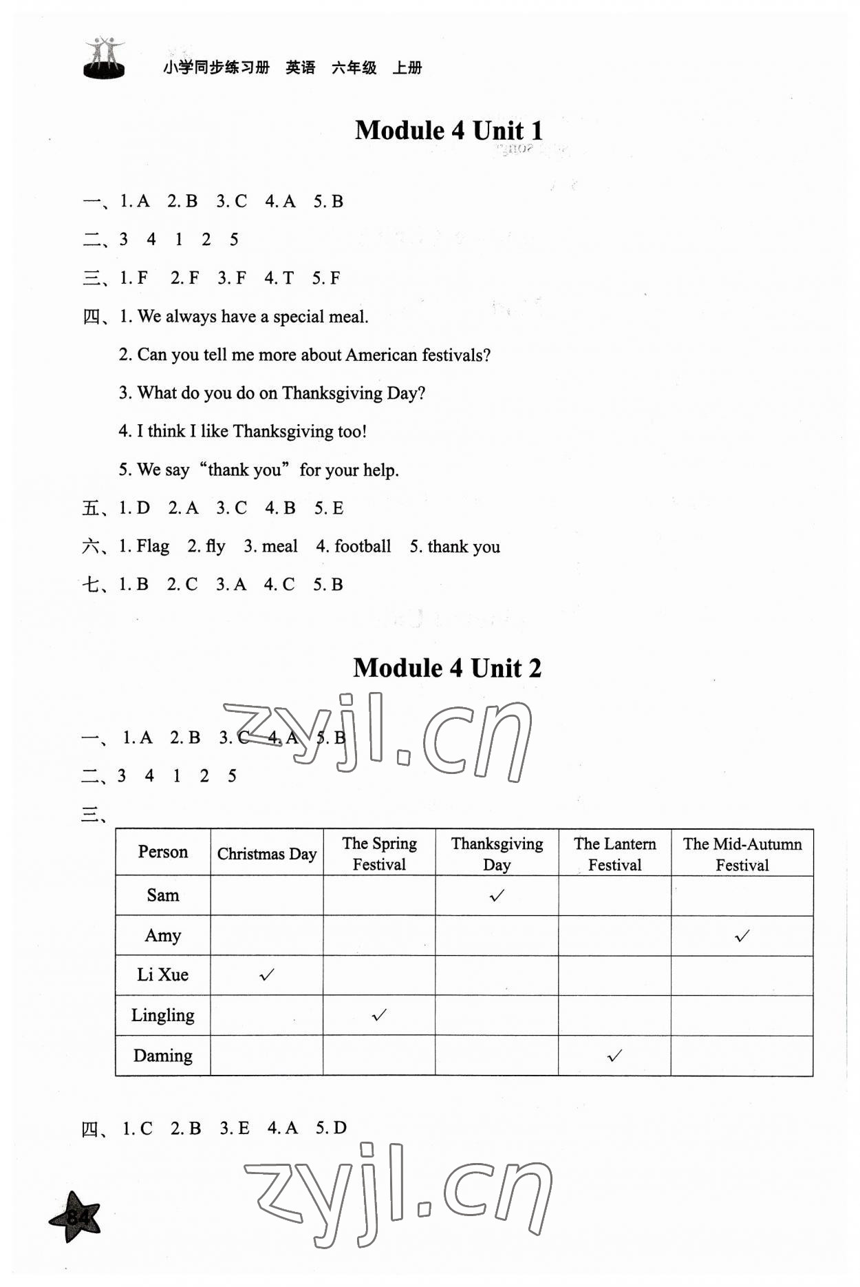 2023年同步練習(xí)冊六年級英語上冊外研版山東友誼出版社 參考答案第4頁