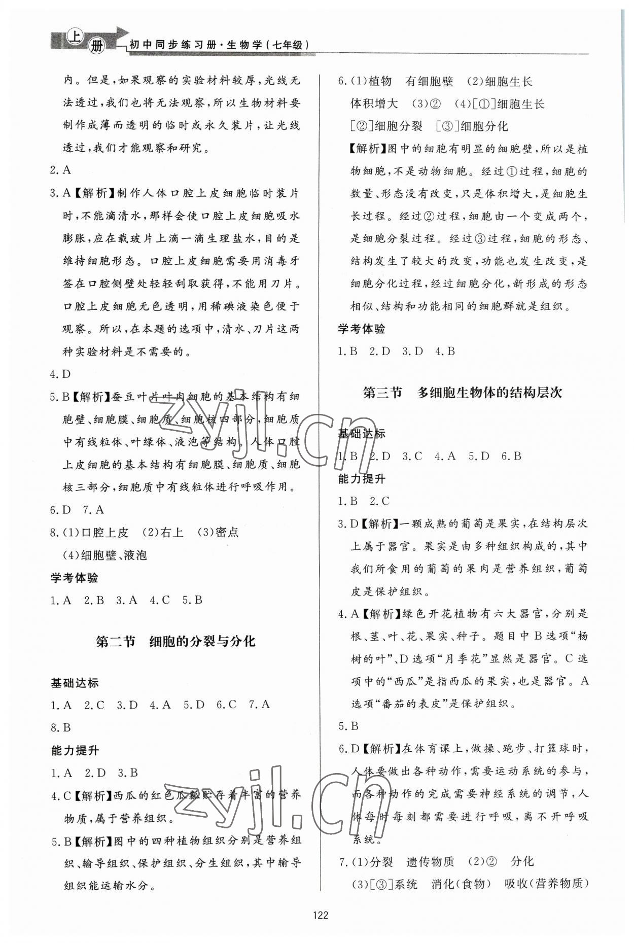 2023年初中同步练习册七年级生物学上册济南版济南出版社 参考答案第3页