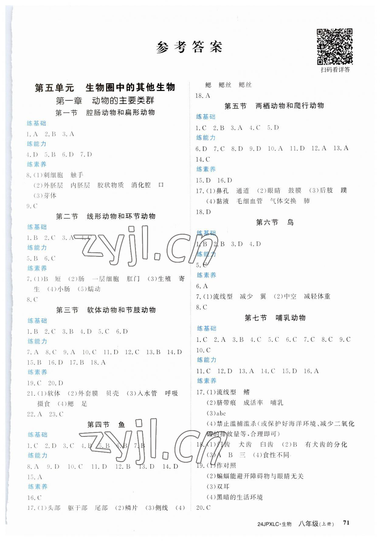 2023年金牌學練測八年級生物上冊人教版 參考答案第1頁