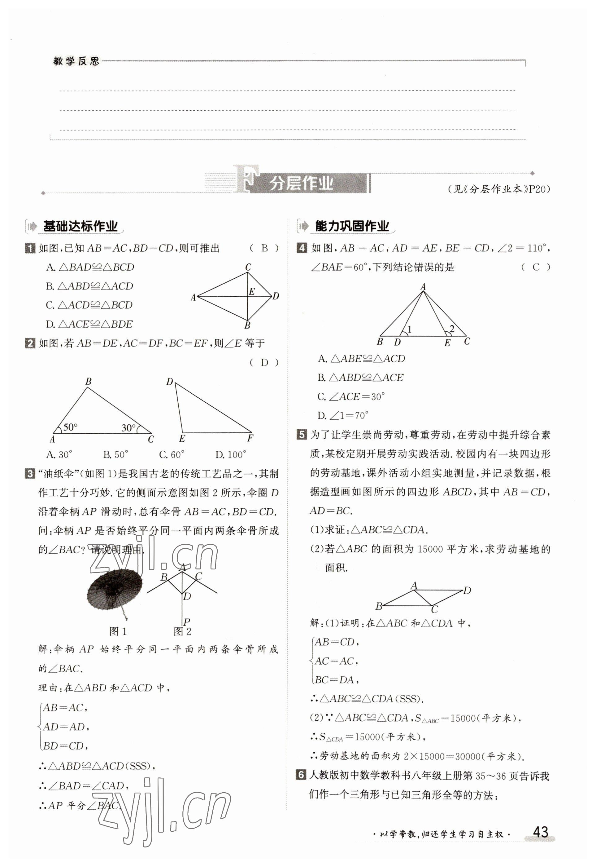 2023年金太阳导学案八年级数学上册人教版 参考答案第43页