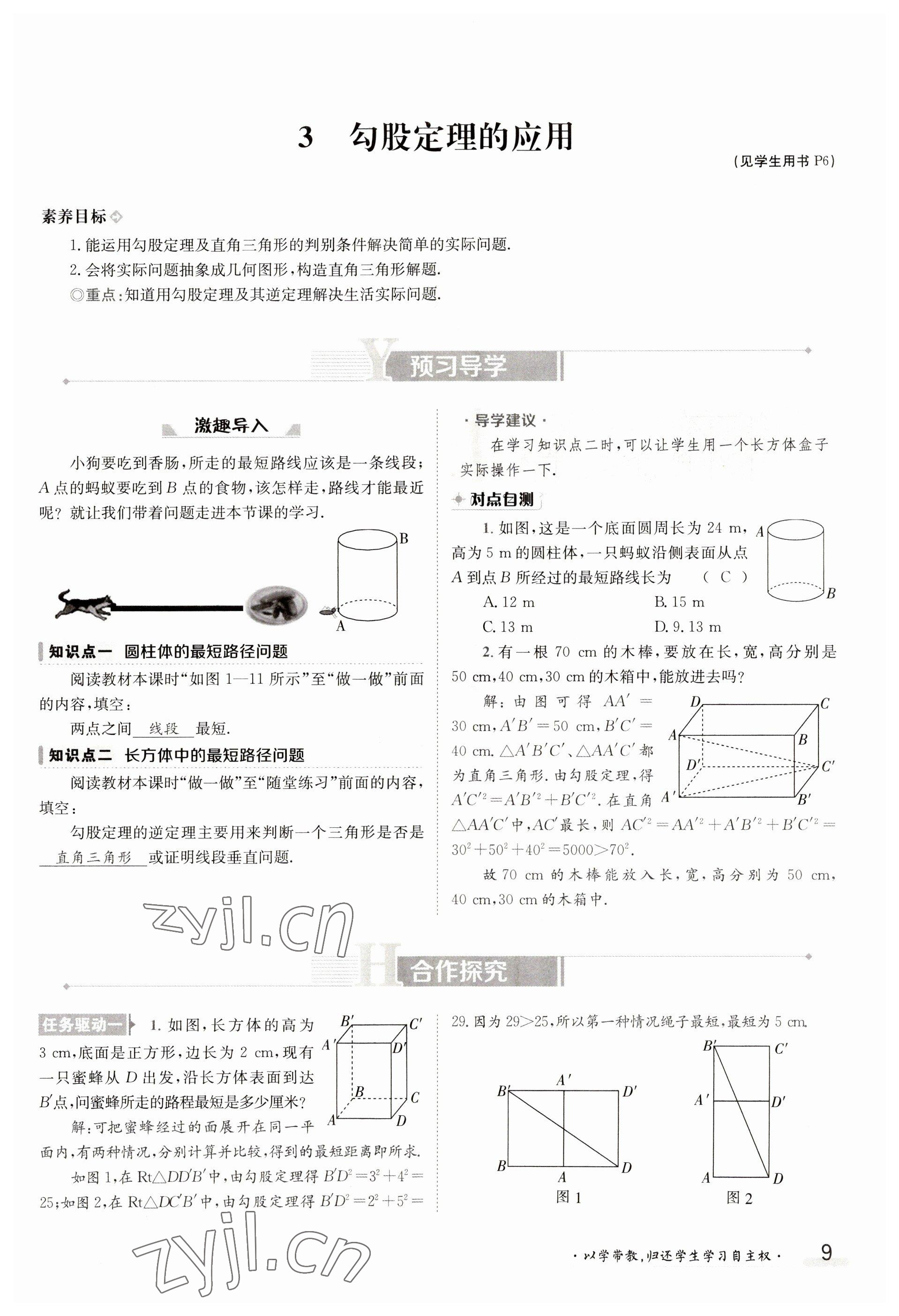 2023年金太阳导学案八年级数学上册北师大版 参考答案第9页