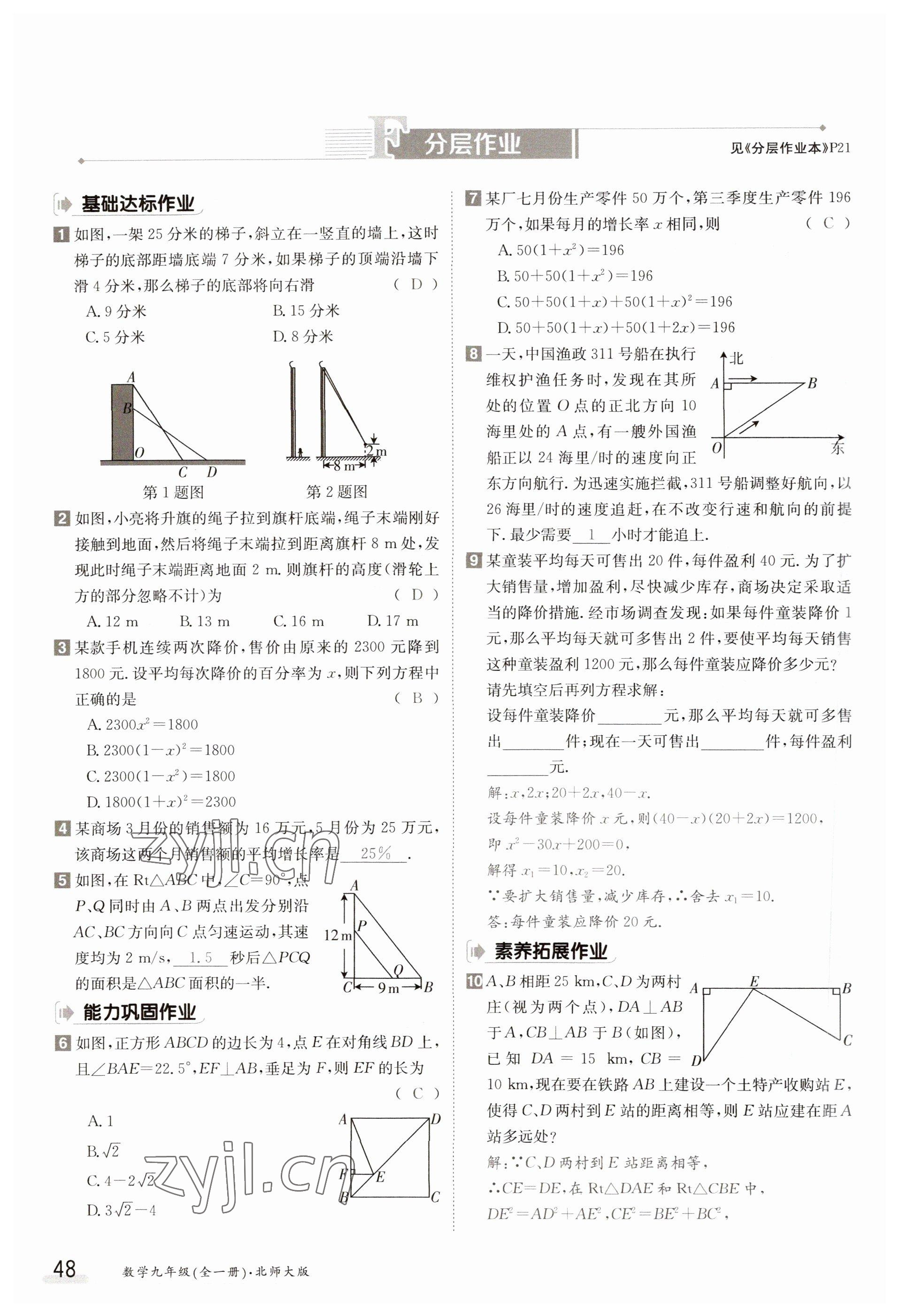 2023年金太阳导学案九年级数学北师大版 参考答案第48页