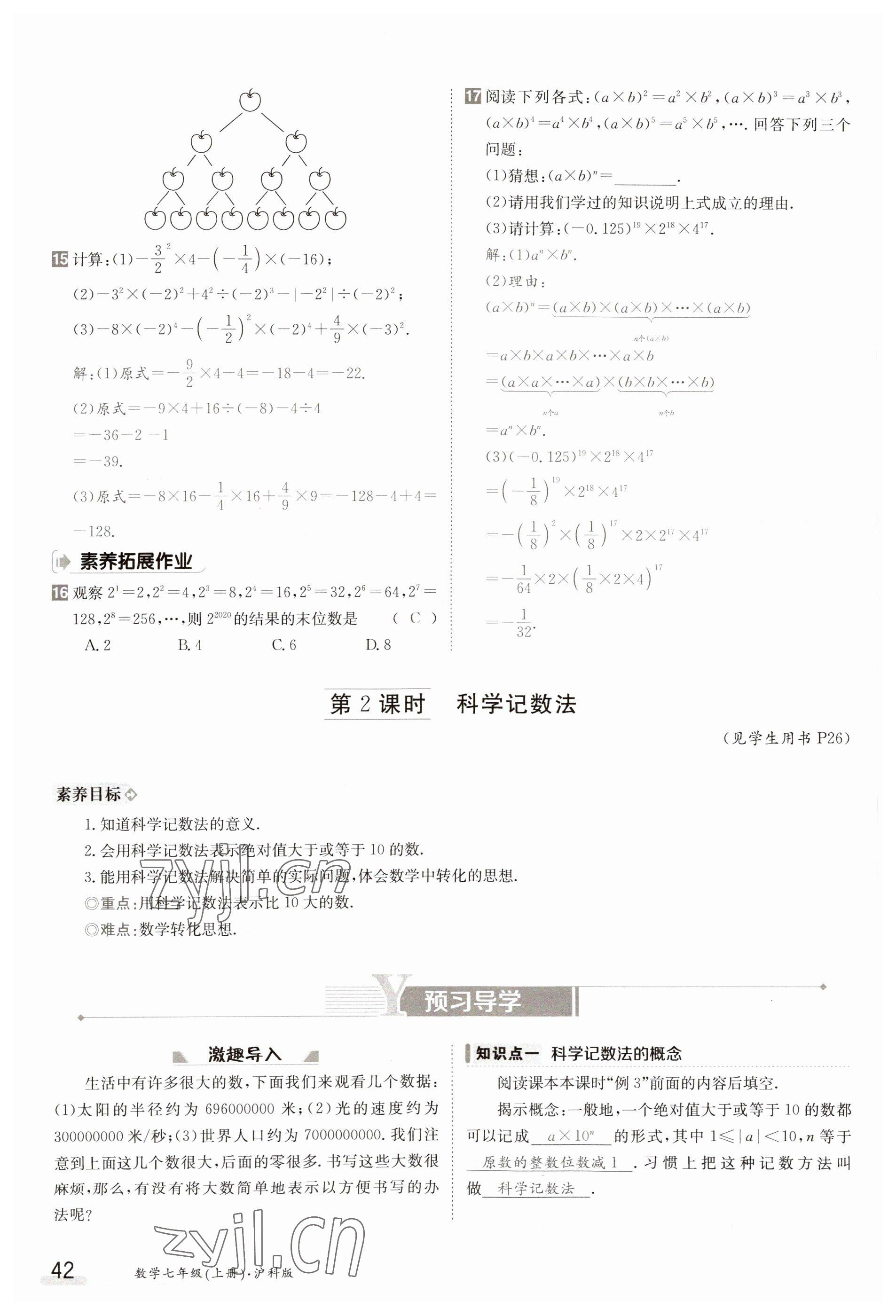 2023年金太阳导学案七年级数学上册沪科版 参考答案第42页