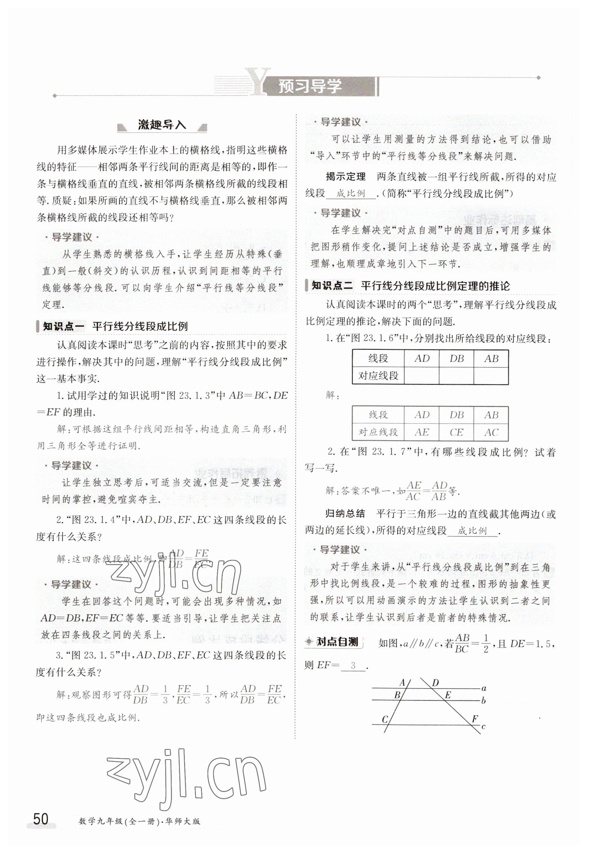 2023年金太阳导学案九年级数学华师大版 参考答案第50页