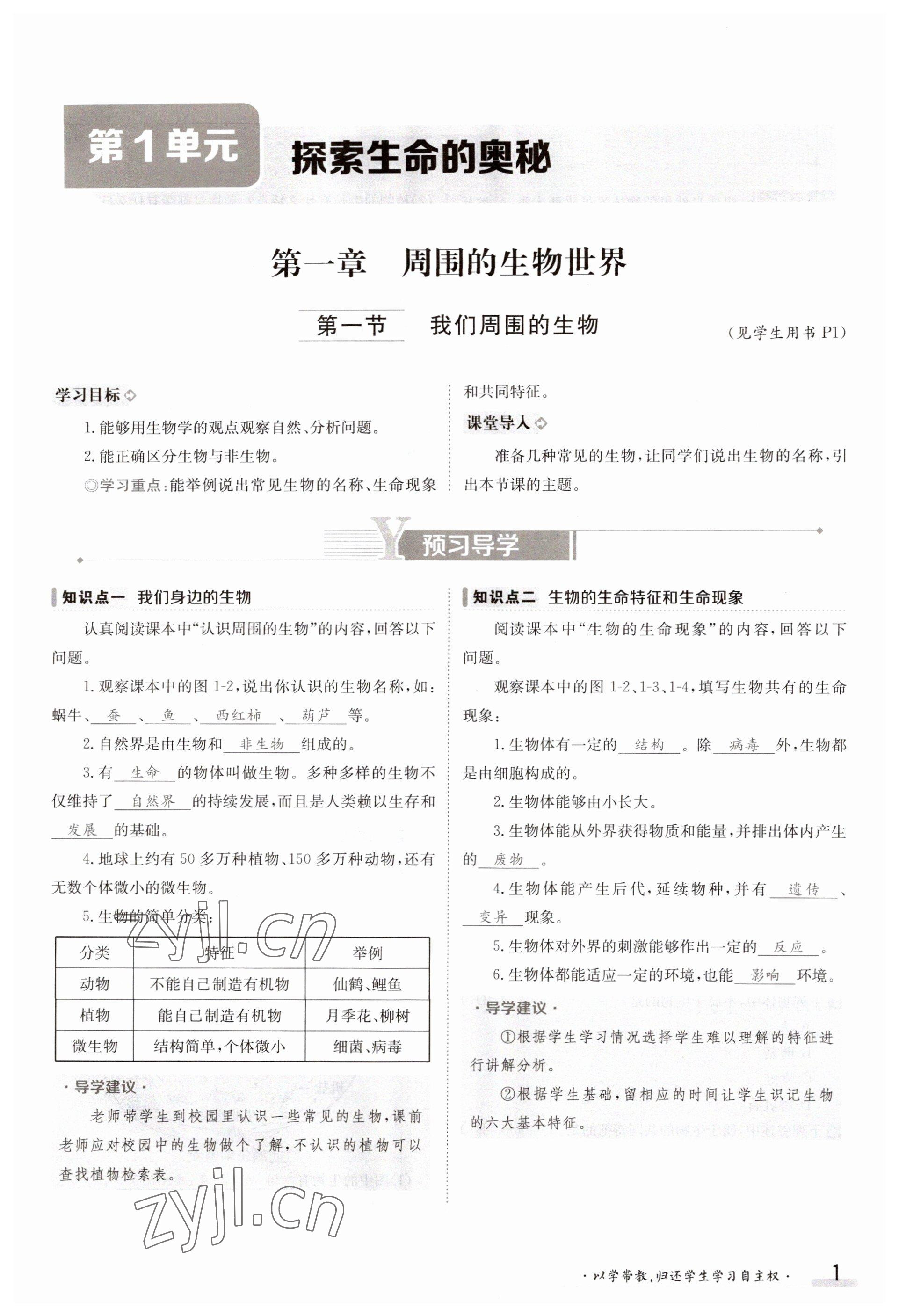 2023年金太阳导学案七年级生物上册苏教版 参考答案第1页