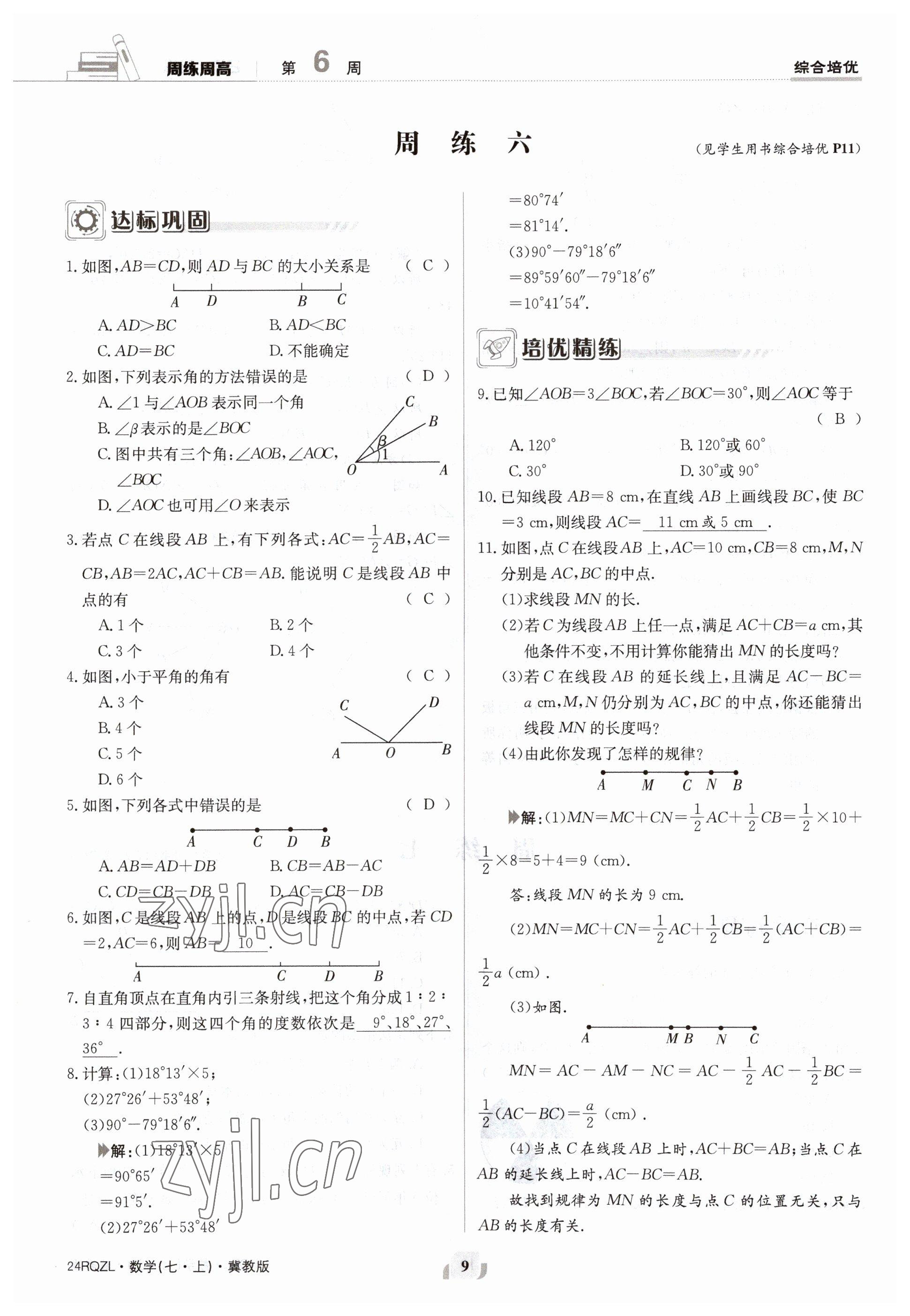 2023年日清周練七年級數(shù)學上冊冀教版 參考答案第9頁