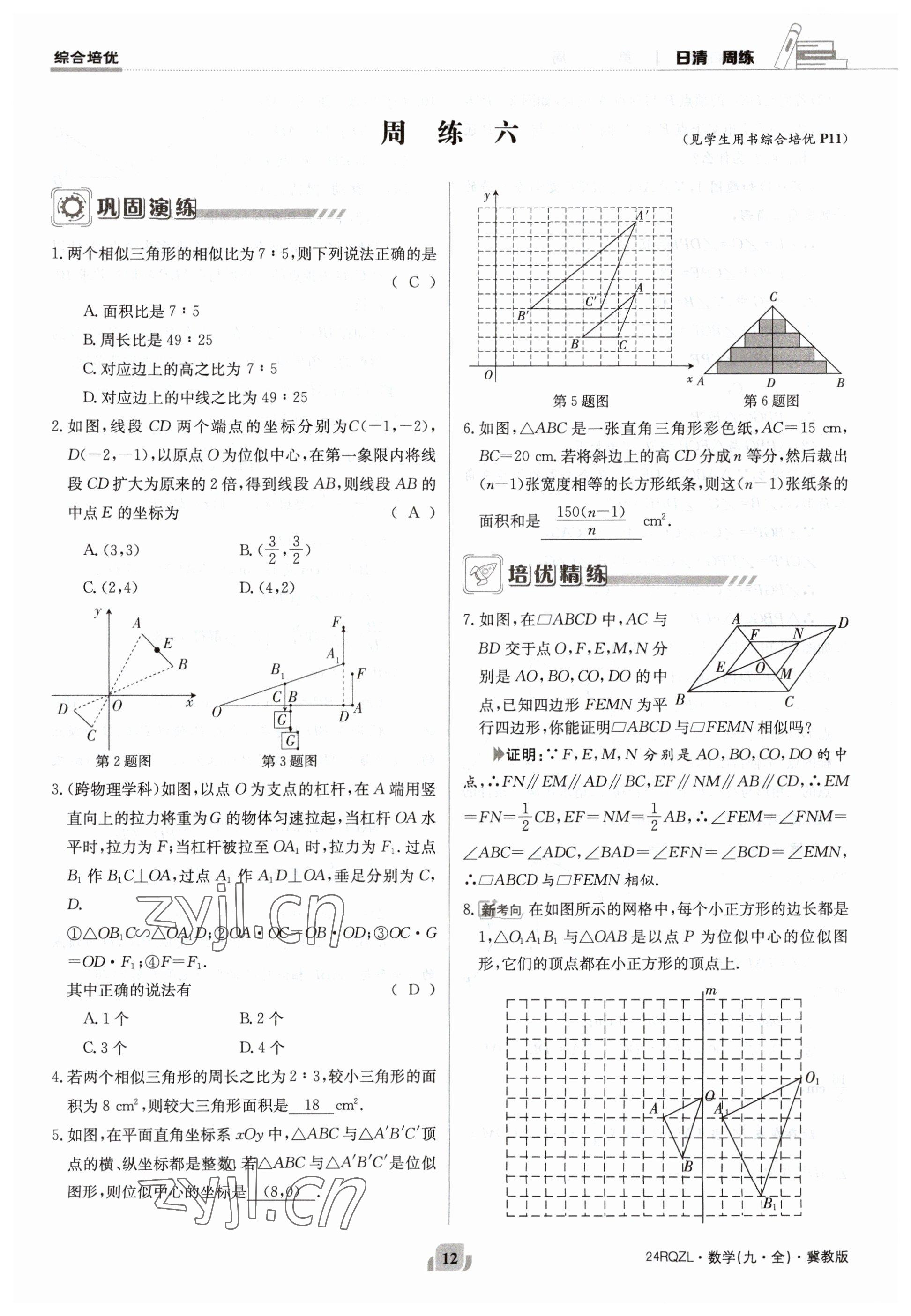 2023年日清周練九年級數(shù)學冀教版 參考答案第12頁