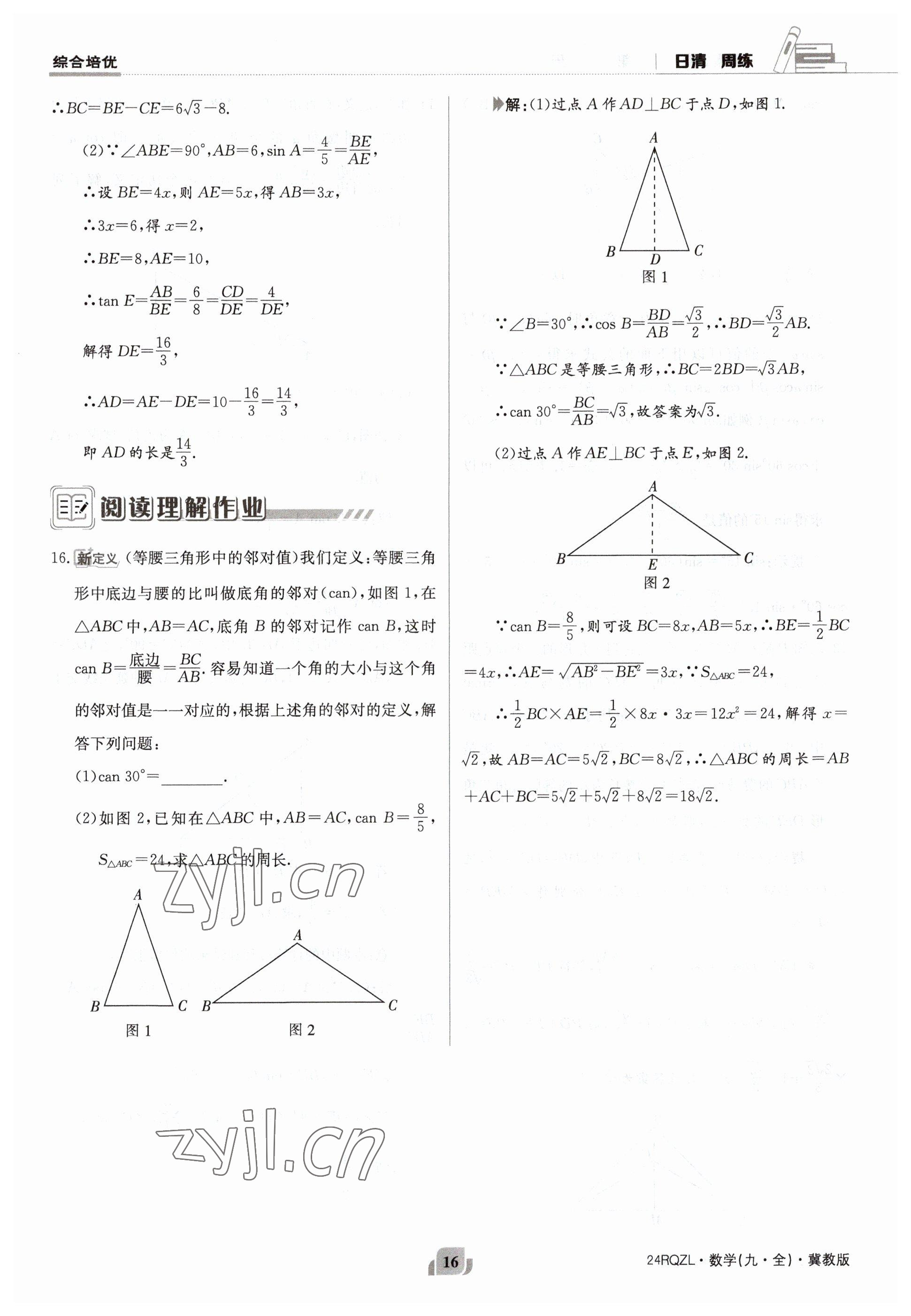 2023年日清周練九年級數(shù)學(xué)冀教版 參考答案第16頁