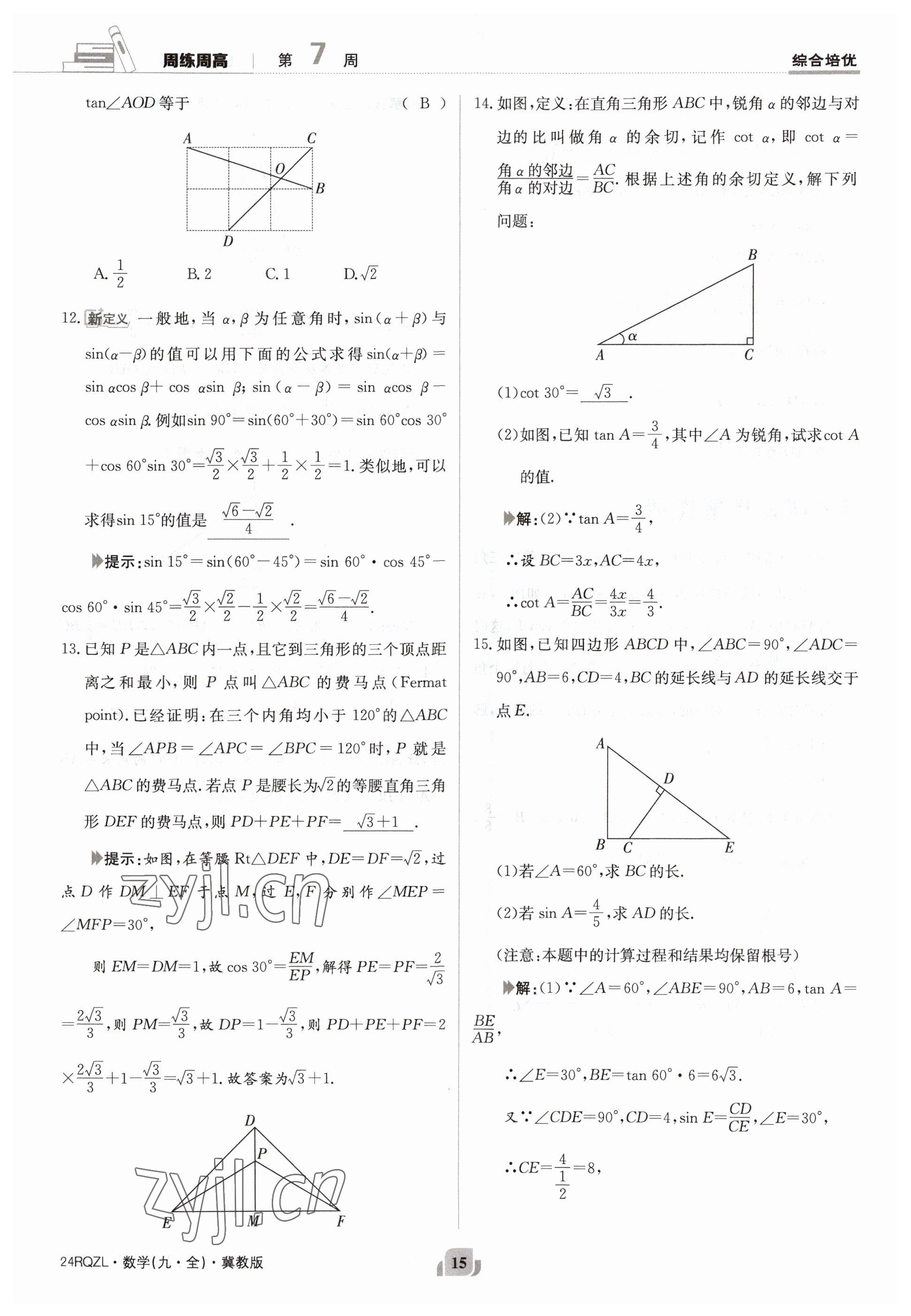 2023年日清周練九年級數(shù)學冀教版 參考答案第15頁