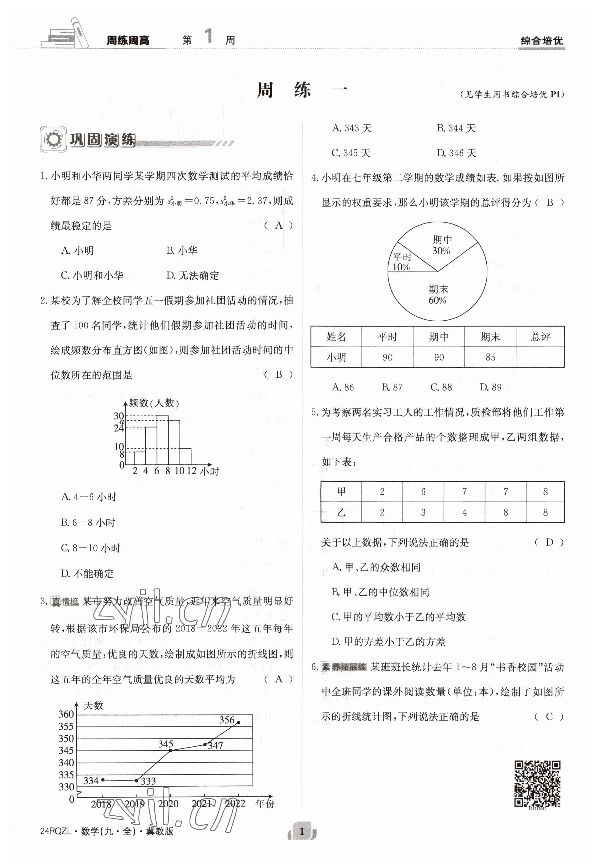 2023年日清周練九年級數(shù)學(xué)冀教版 參考答案第1頁