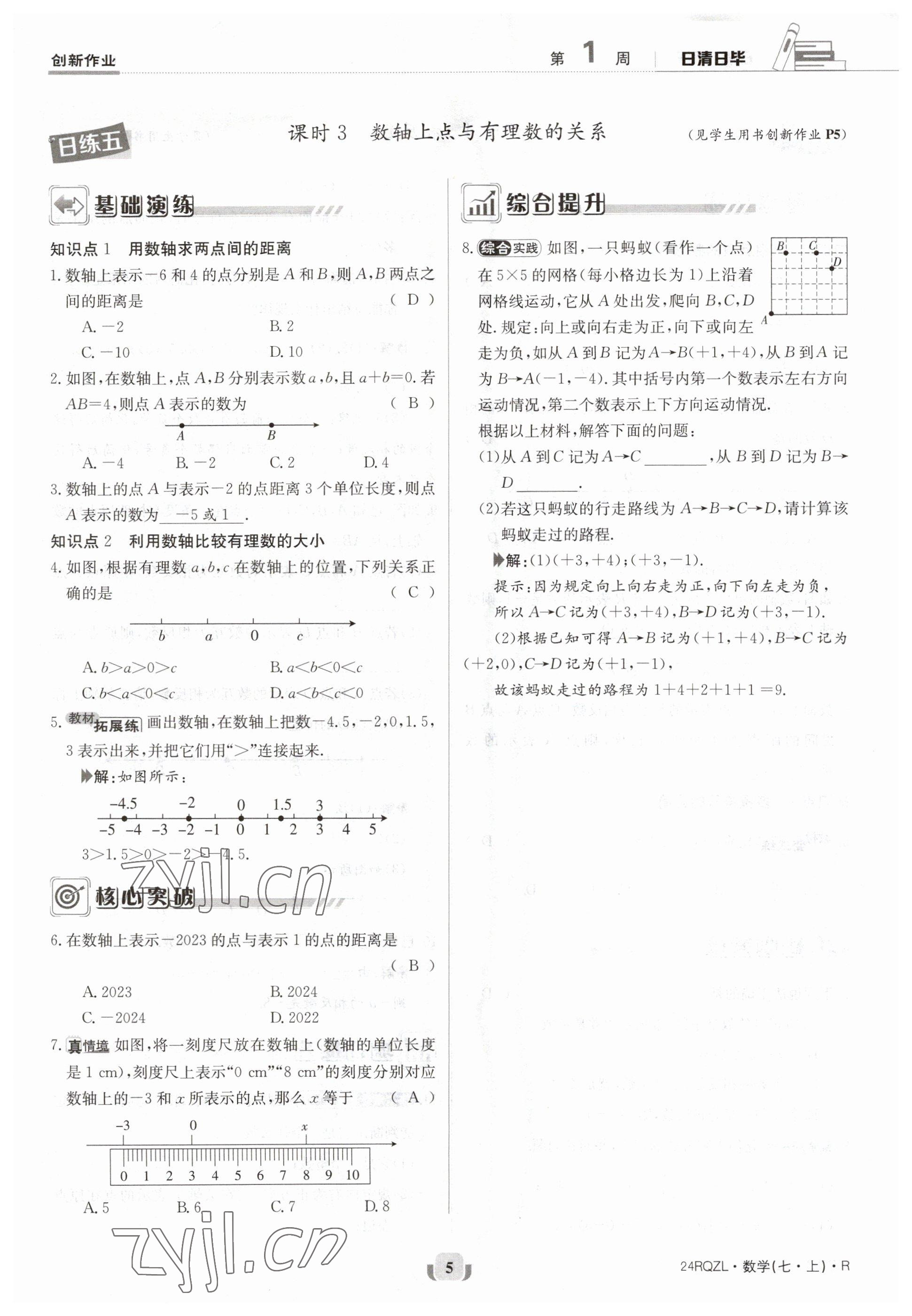 2023年日清周練七年級(jí)數(shù)學(xué)上冊(cè)人教版 參考答案第5頁