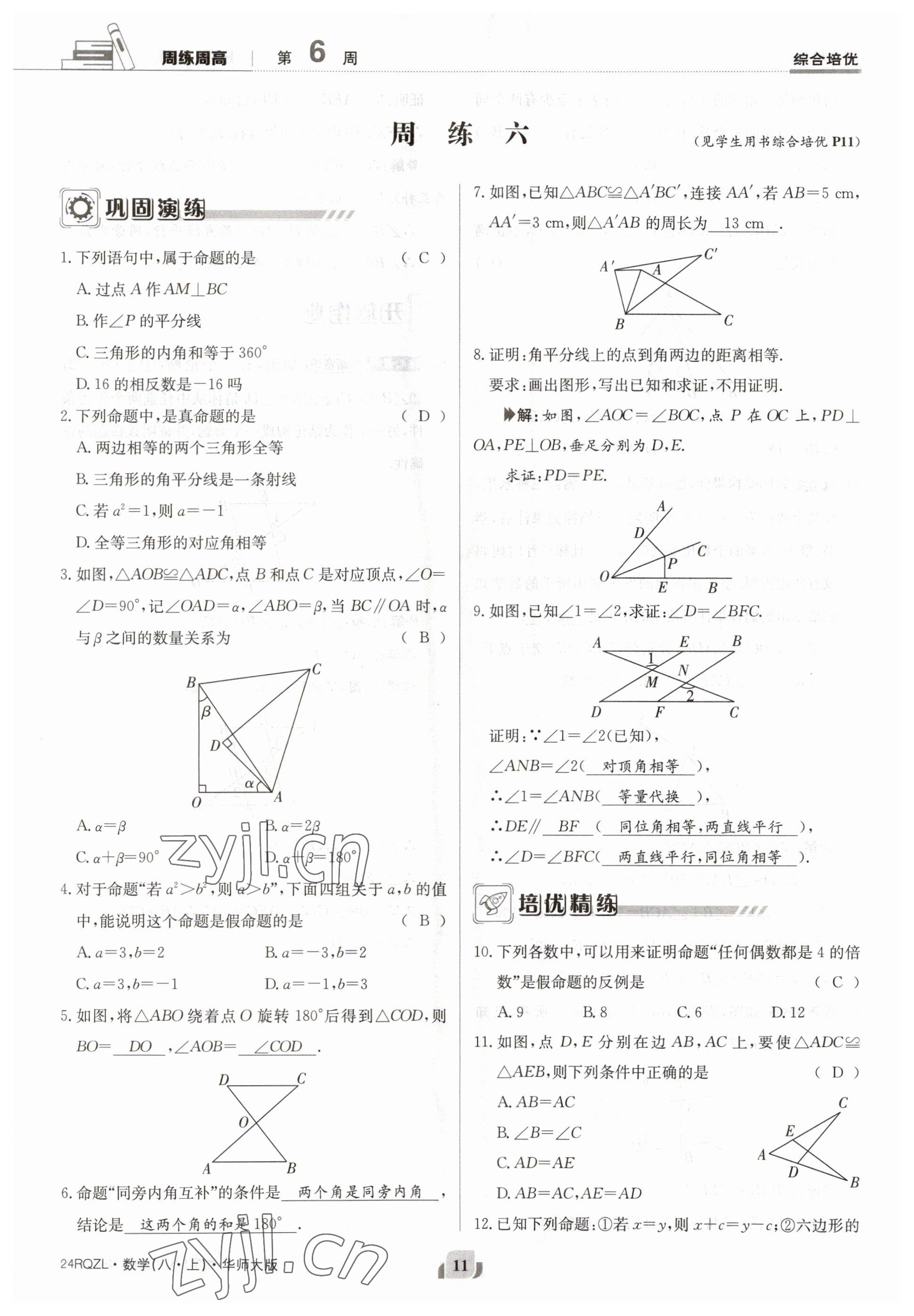 2023年日清周練八年級數(shù)學上冊華師大版 參考答案第11頁