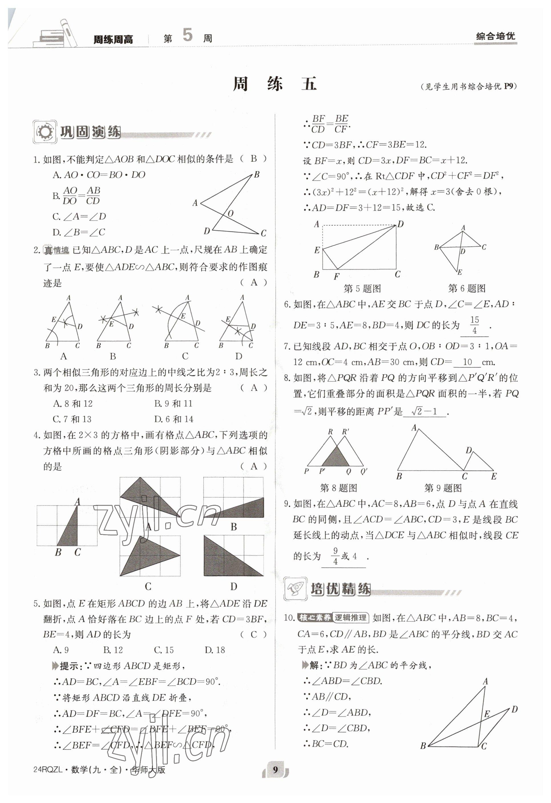 2023年日清周練九年級(jí)數(shù)學(xué)全一冊(cè)華師大版 參考答案第9頁(yè)