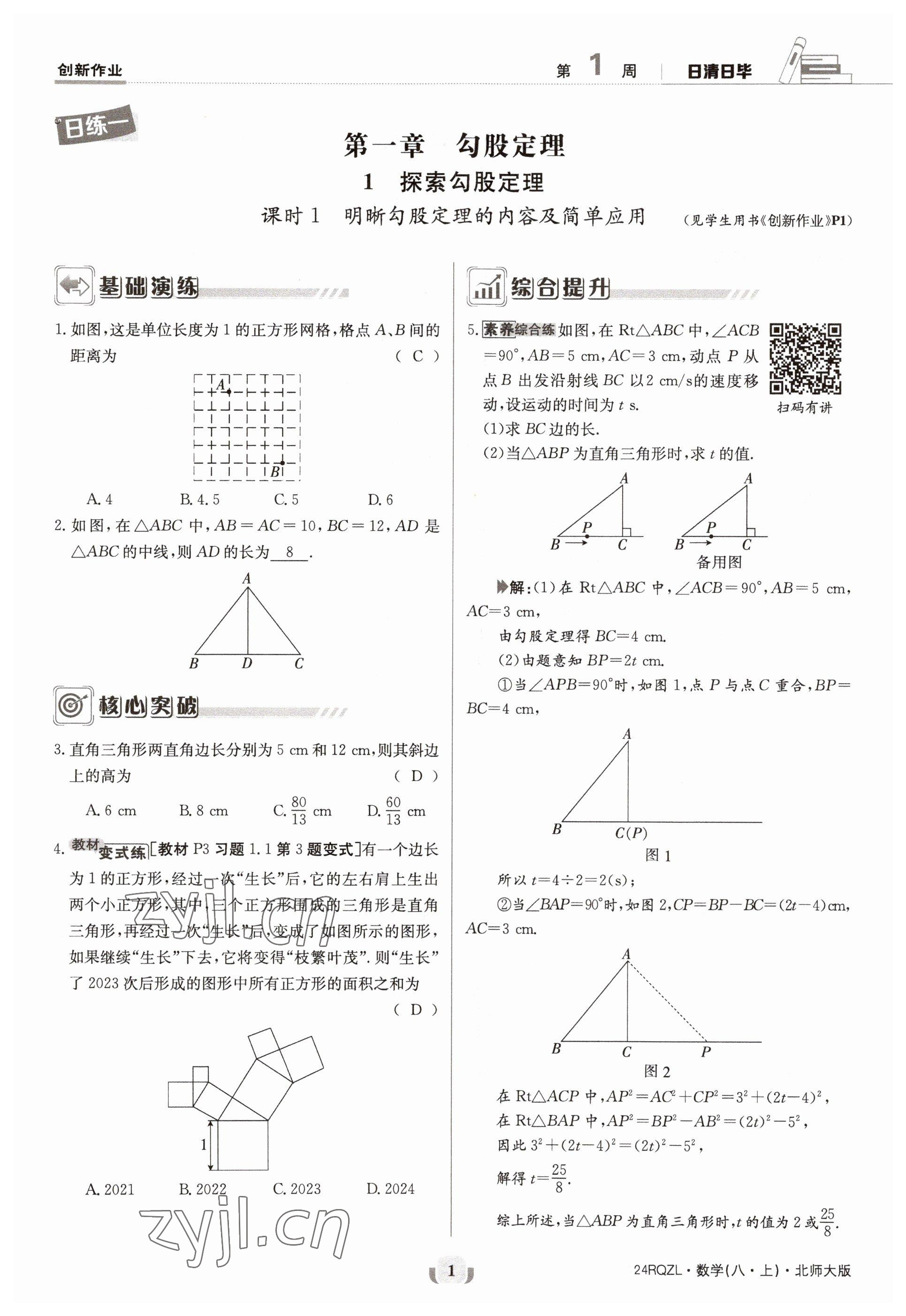 2023年日清周练八年级数学上册北师大版 参考答案第1页